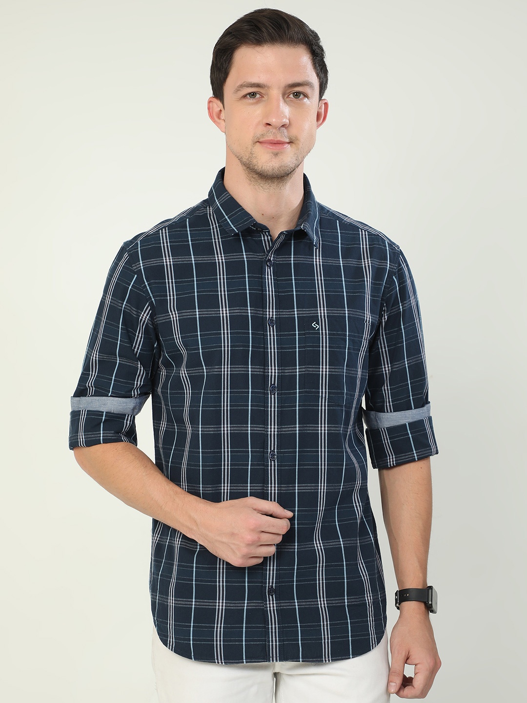 

Classic Polo India Slim Tartan Checks Slim Fit Cotton Casual Shirt, Navy blue