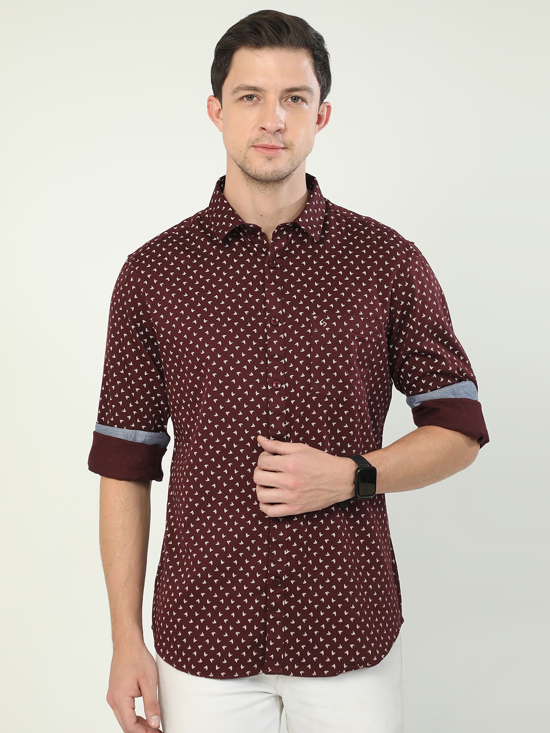 

Classic Polo India Slim Micro Ditsy Printed Slim Fit Cotton Casual Shirt, Burgundy