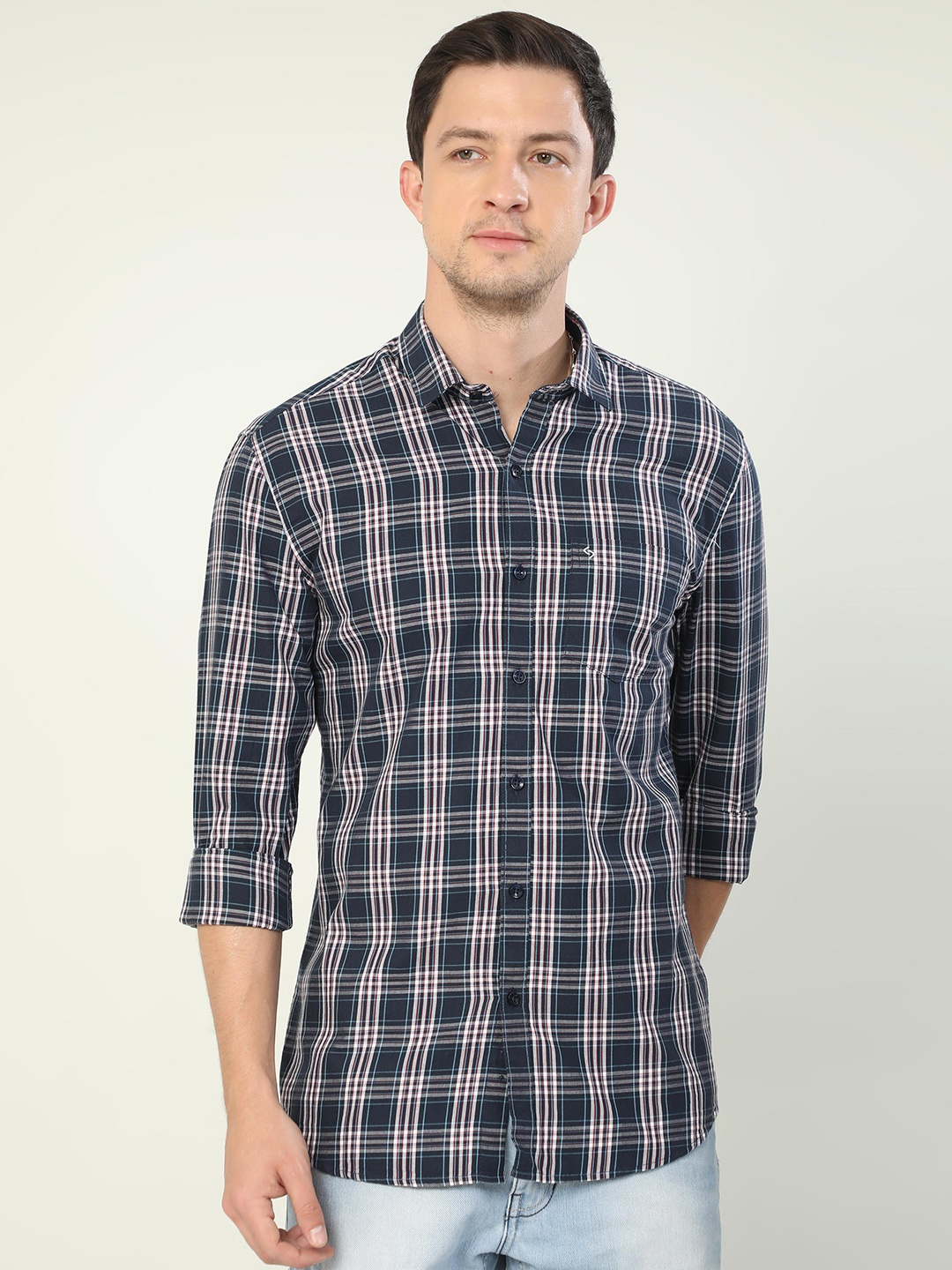 

Classic Polo India Slim Tartan Checks Slim Fit Cotton Casual Shirt, Navy blue