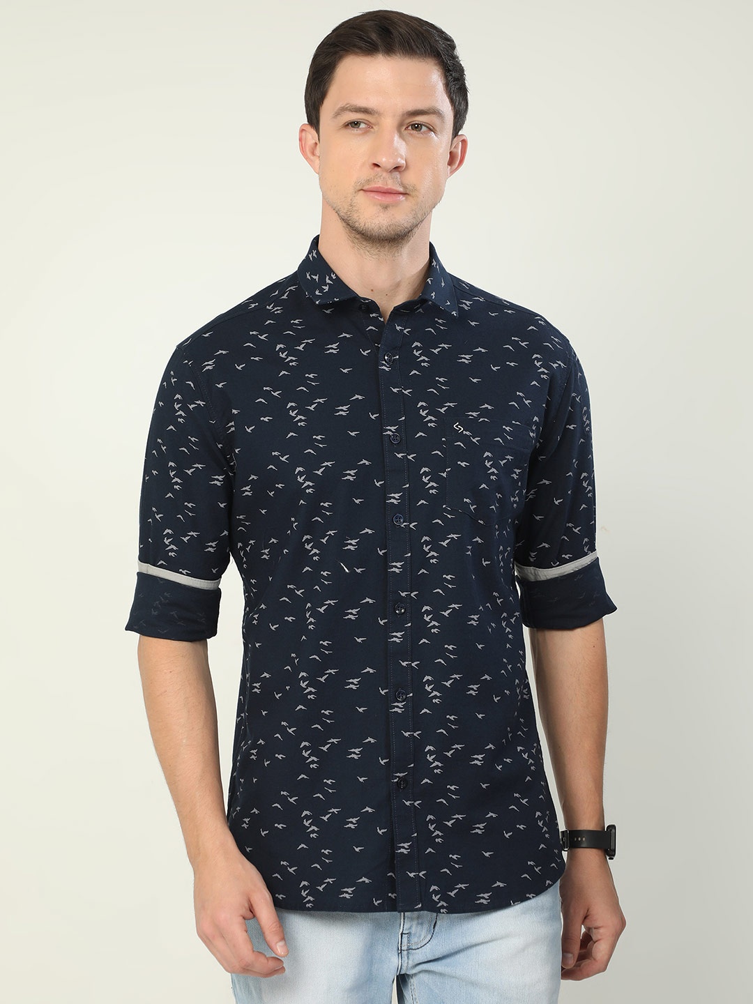 

Classic Polo India Slim Conversational Printed Cotton Casual Shirt, Navy blue