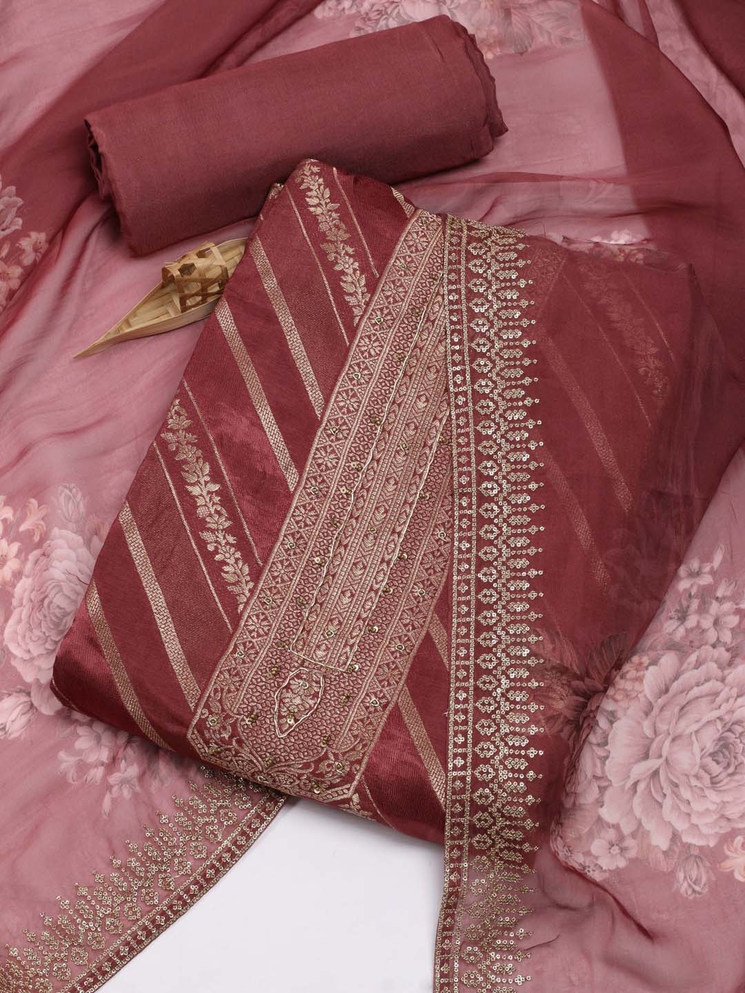 

Meena Bazaar Woven Design Art Silk Unstitched Dress Material, Rust