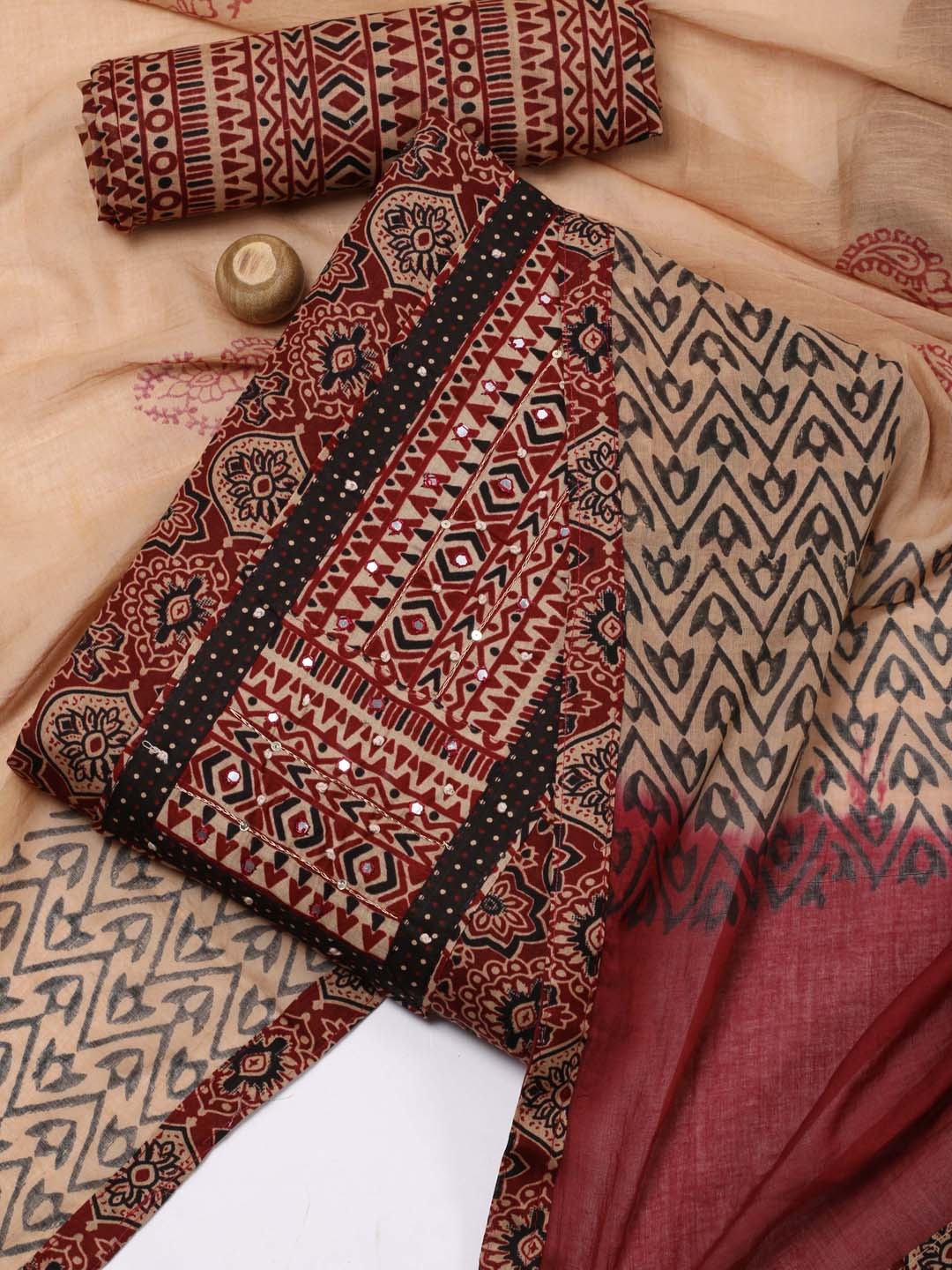 

Meena Bazaar Ethnic Motifs Printed Unstitched Dress Material, Maroon