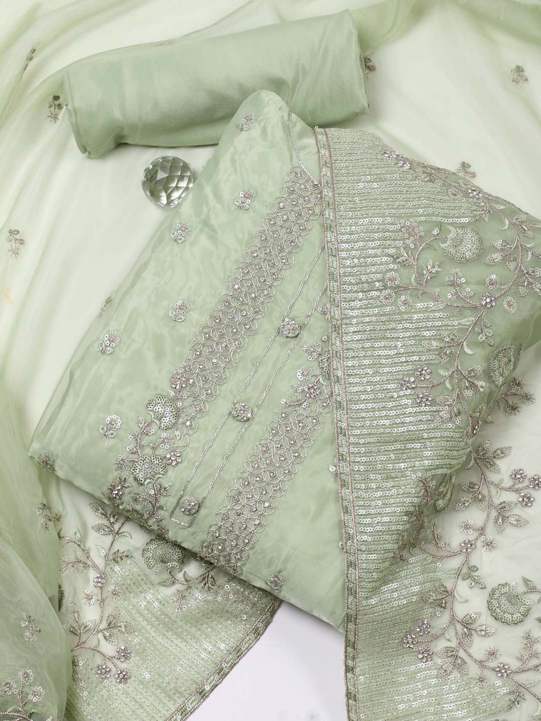 

Meena Bazaar Floral Embroidered Sequined Organza Unstitched Dress Material, Green
