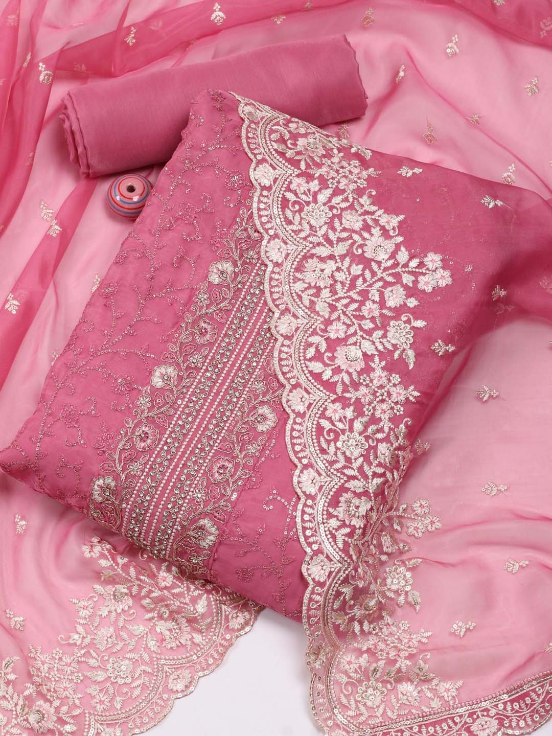 

Meena Bazaar Ethnic Embroidered Sequined Organza Unstitched Dress Material, Pink