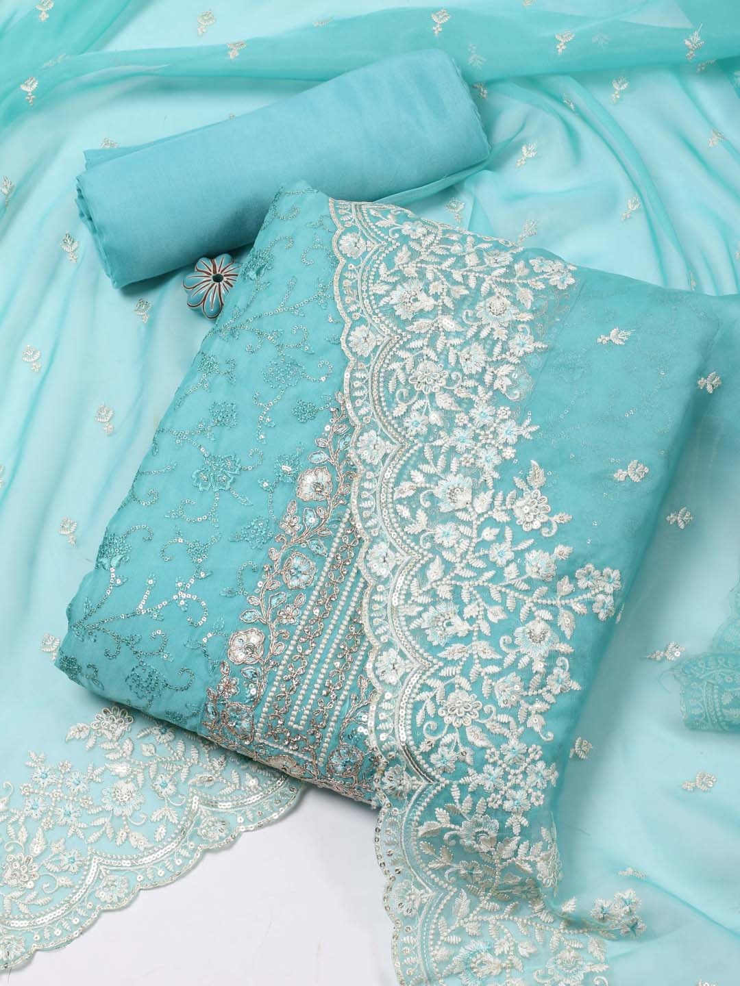 

Meena Bazaar Floral Embroidered Sequined Organza Unstitched Dress Material, Blue