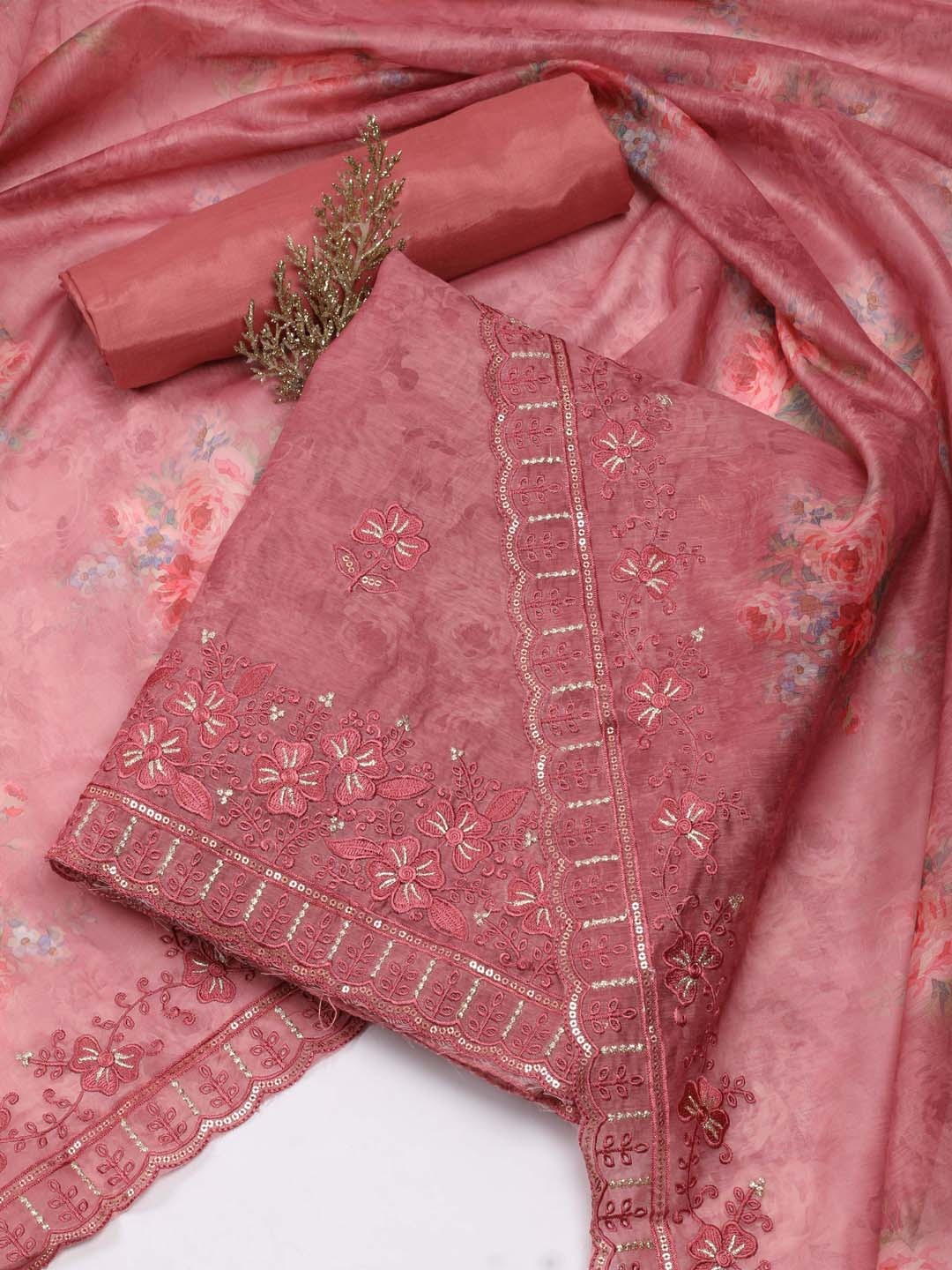 

Meena Bazaar Floral Printed Art Silk Unstitched Dress Material, Pink