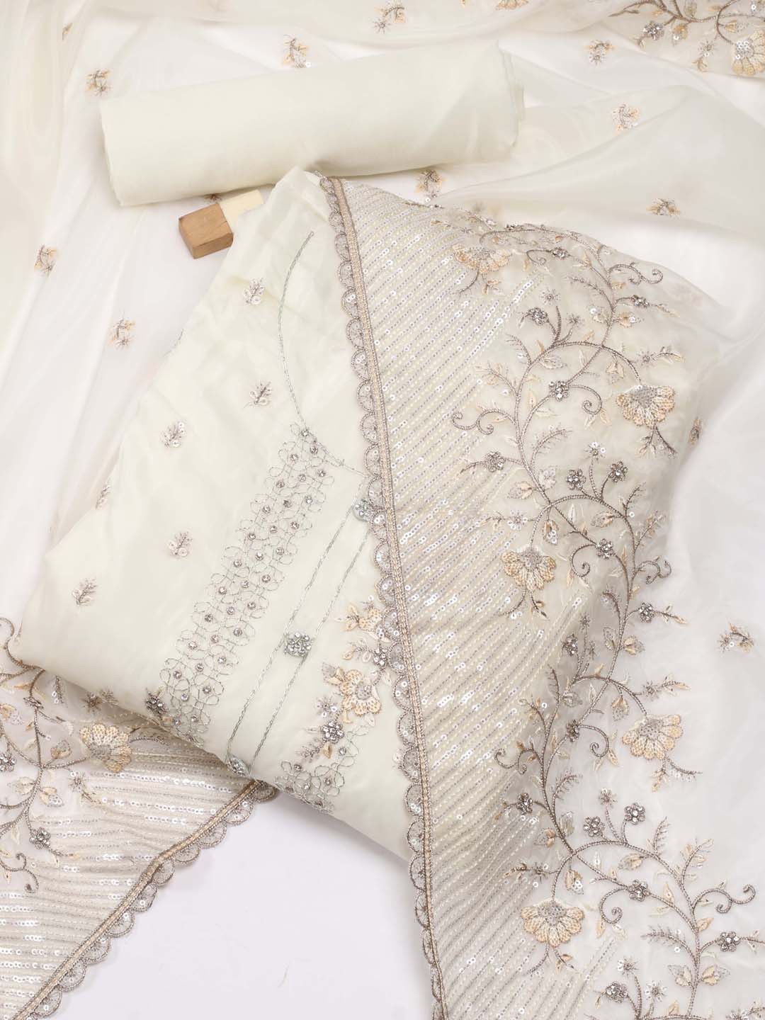 

Meena Bazaar Floral Embroidered Sequined Organza Unstitched Dress Material, Cream