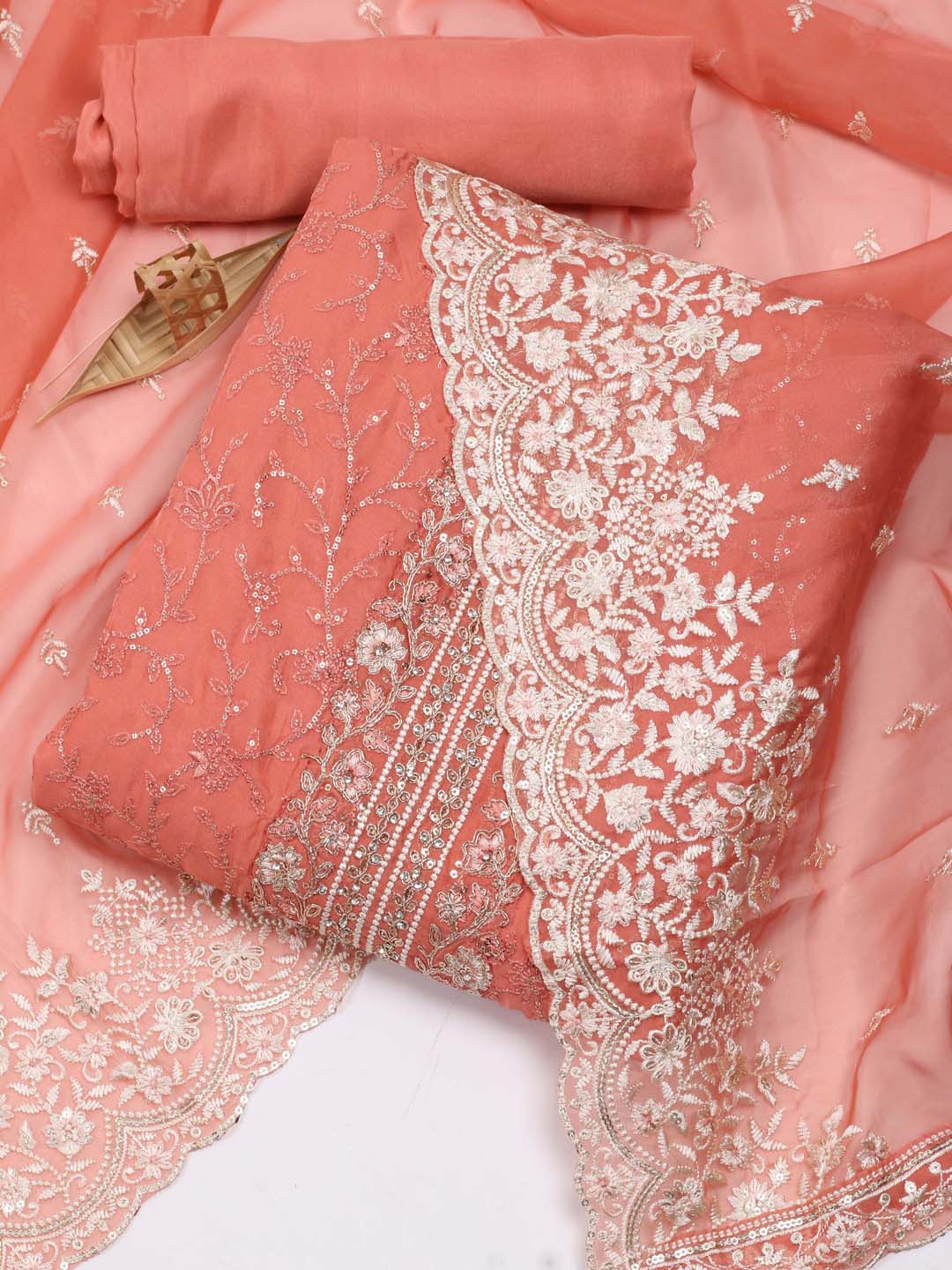 

Meena Bazaar Floral Embroidered Sequined Organza Unstitched Dress Material, Peach