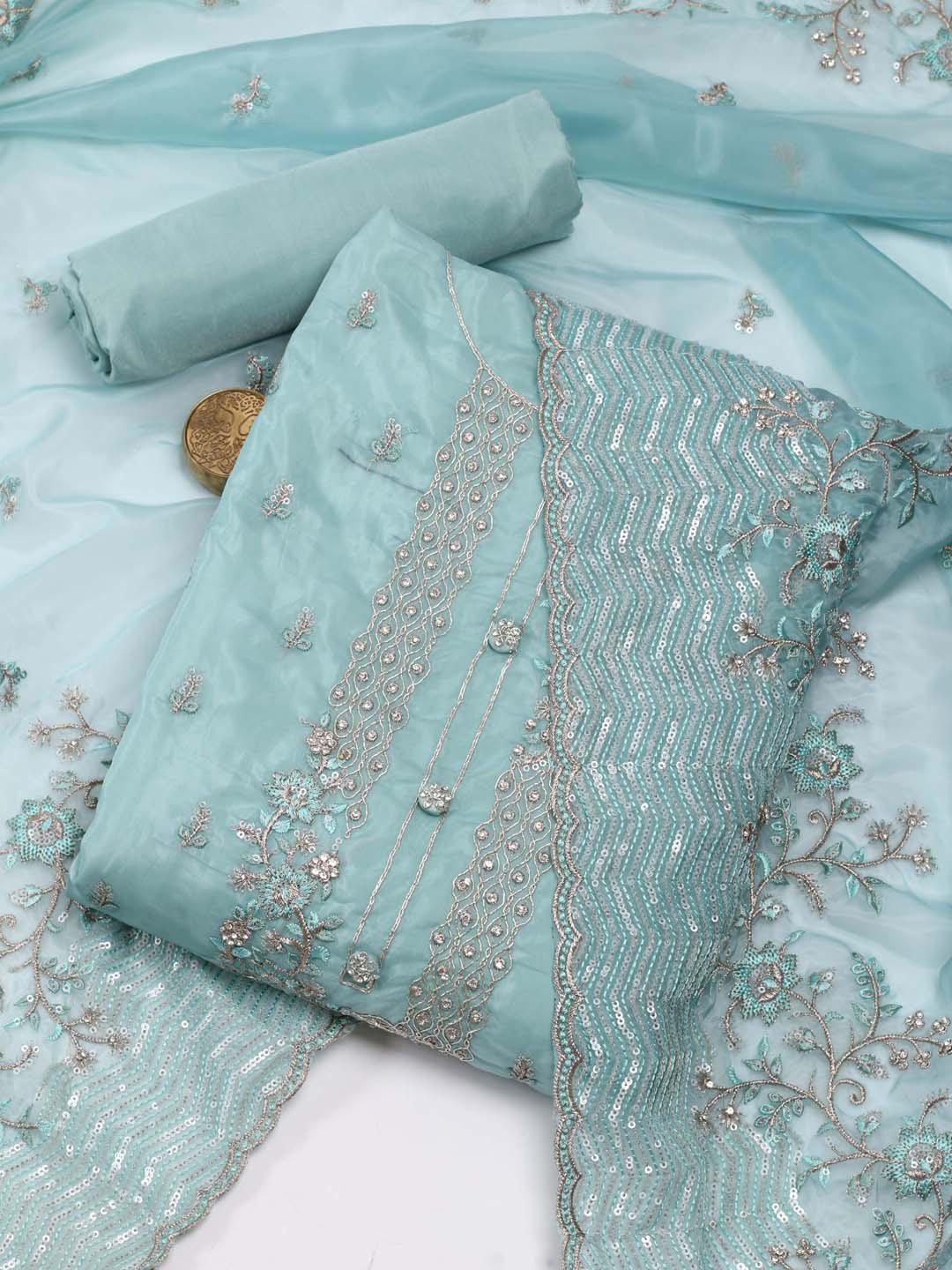 

Meena Bazaar Embroidered Organza Unstitched Dress Material, Blue