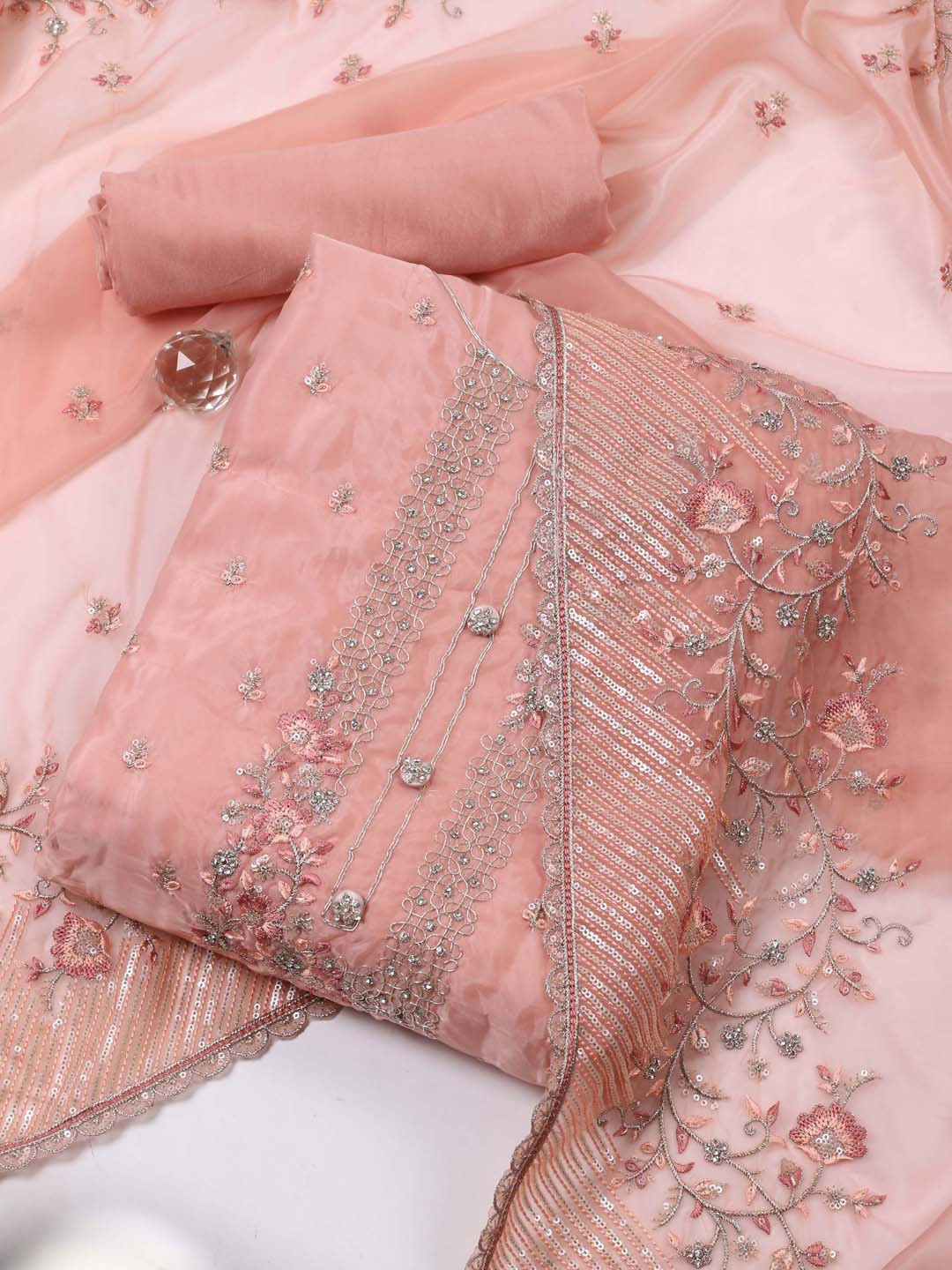 

Meena Bazaar Floral Embroidered Sequined Organza Unstitched Dress Material, Peach
