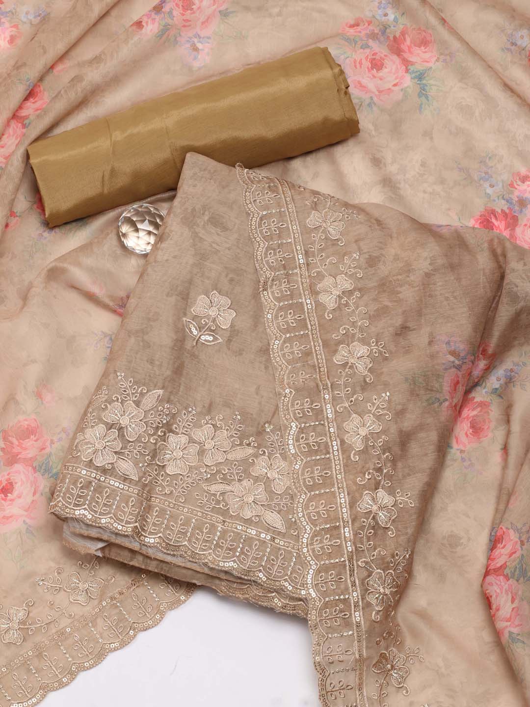 

Meena Bazaar Printed Art Silk Unstitched Dress Material, Beige