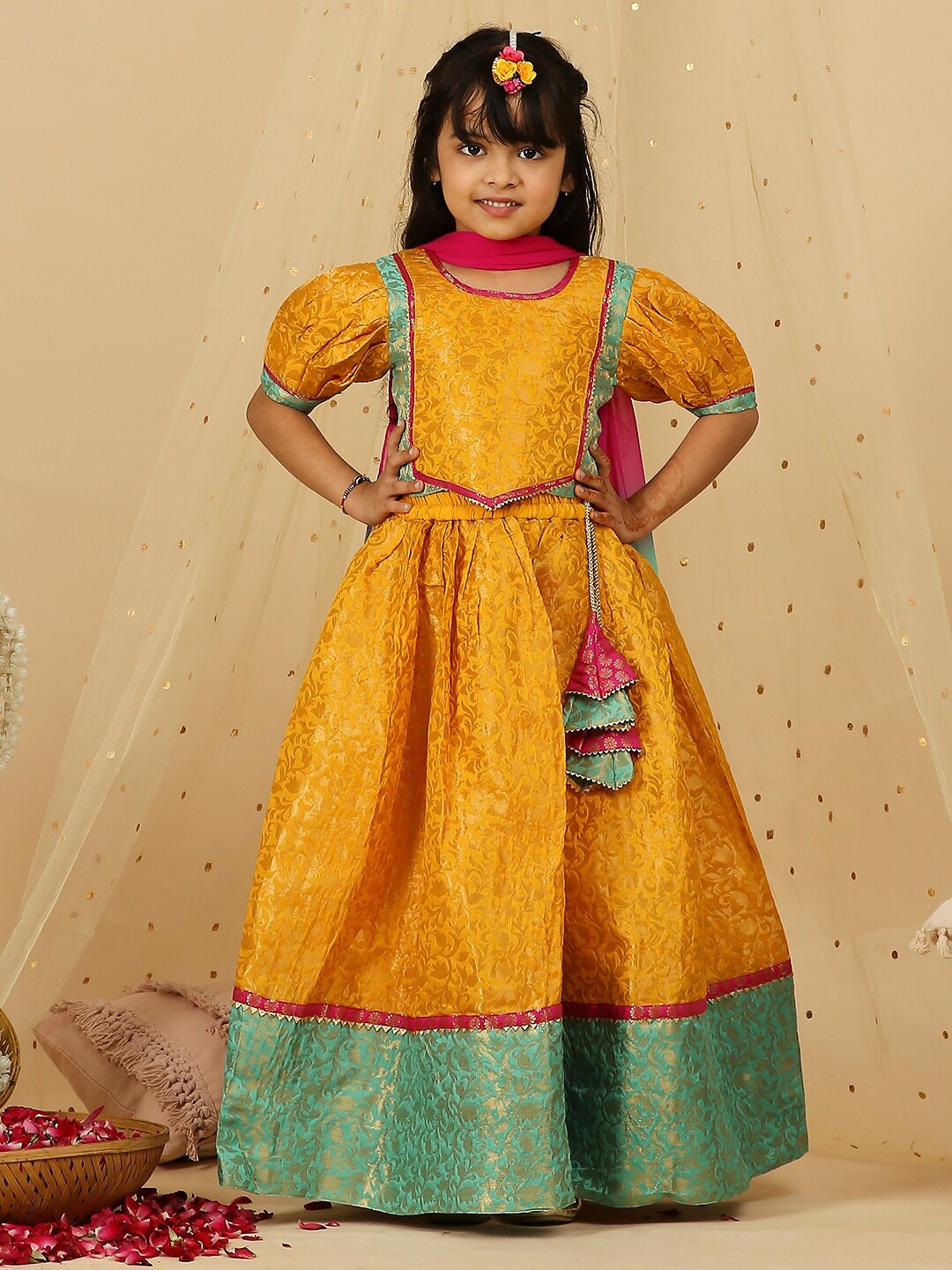 

KID1 Girls Silk Ready to Wear Lehenga & Blouse With Dupatta, Yellow