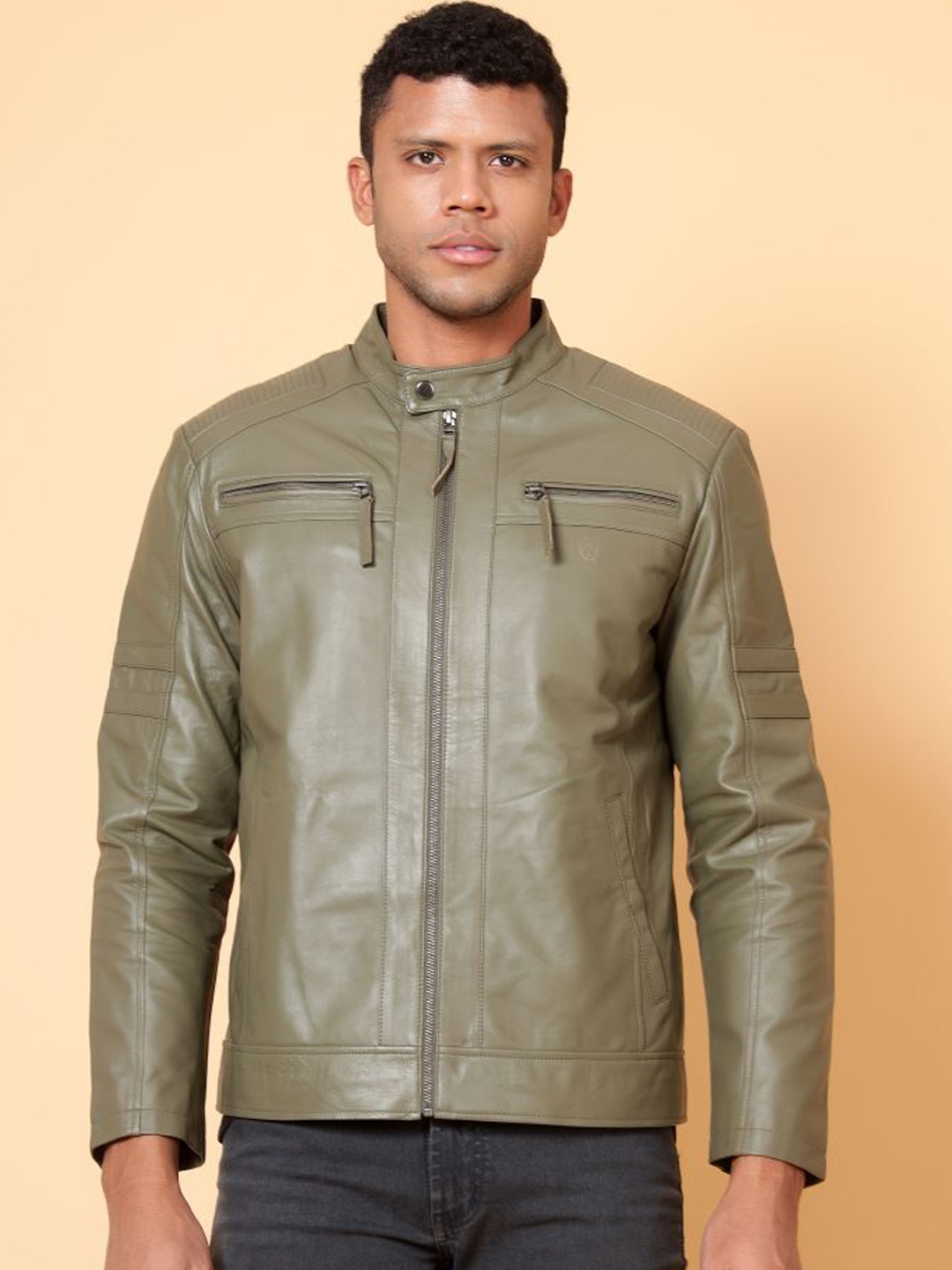 

Tortoise Mandarin Collar Leather Lightweight Biker Jacket, Grey