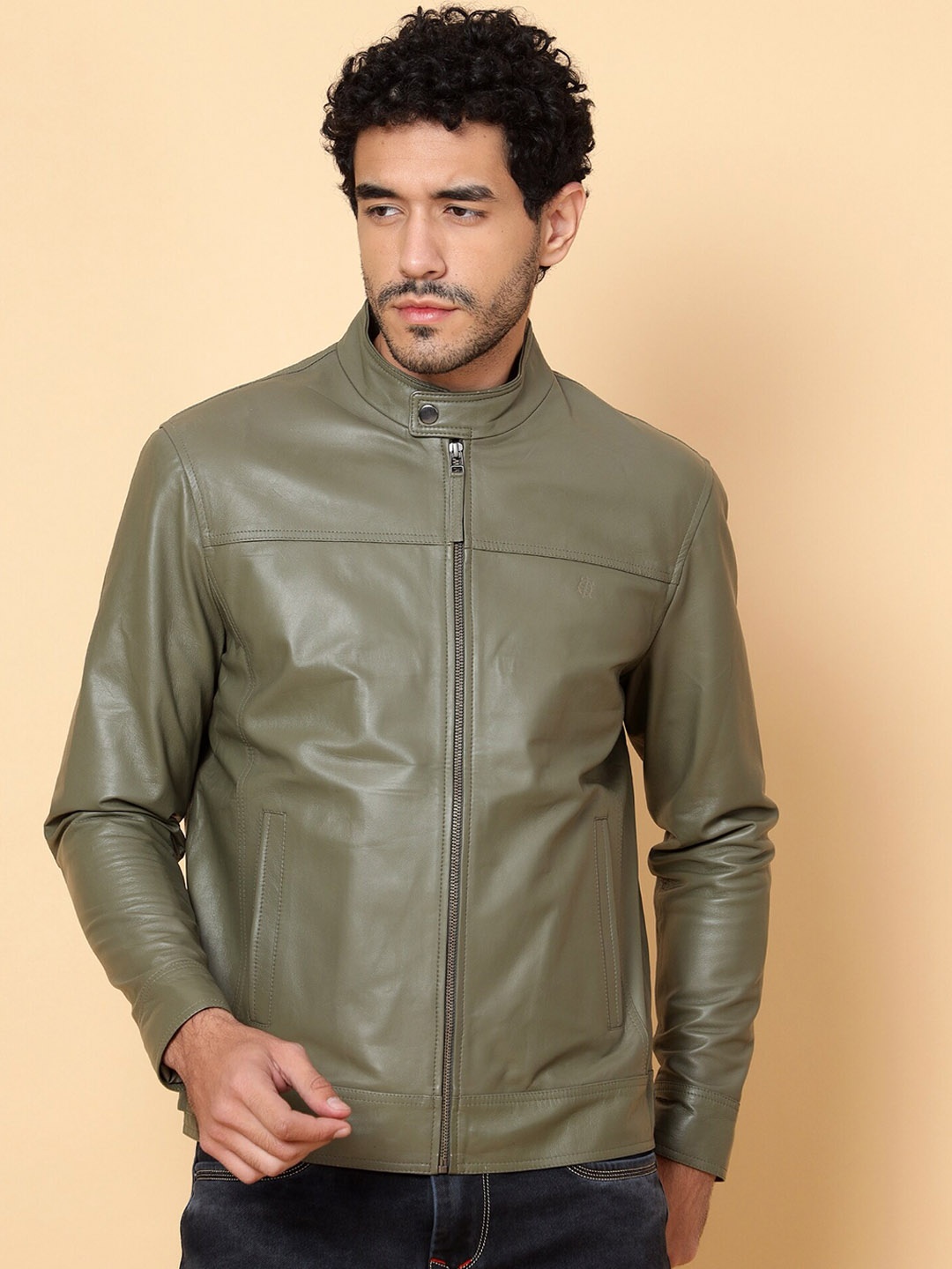 

Tortoise Leather Lightweight Biker Jacket, Green