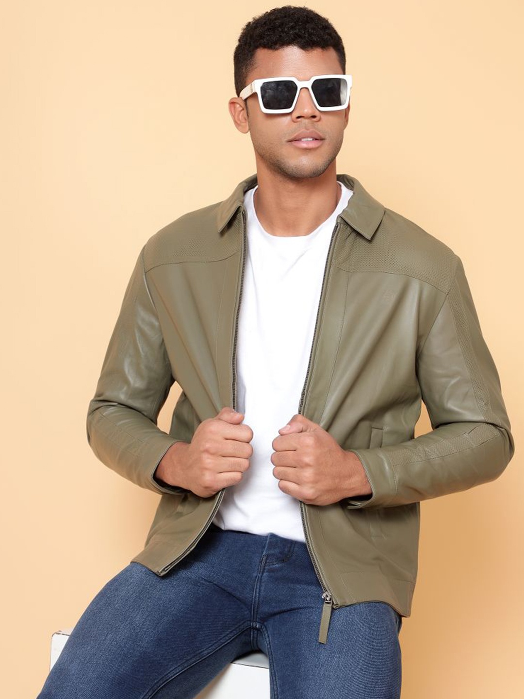 

Tortoise Leather Lightweight Biker Jacket, Green