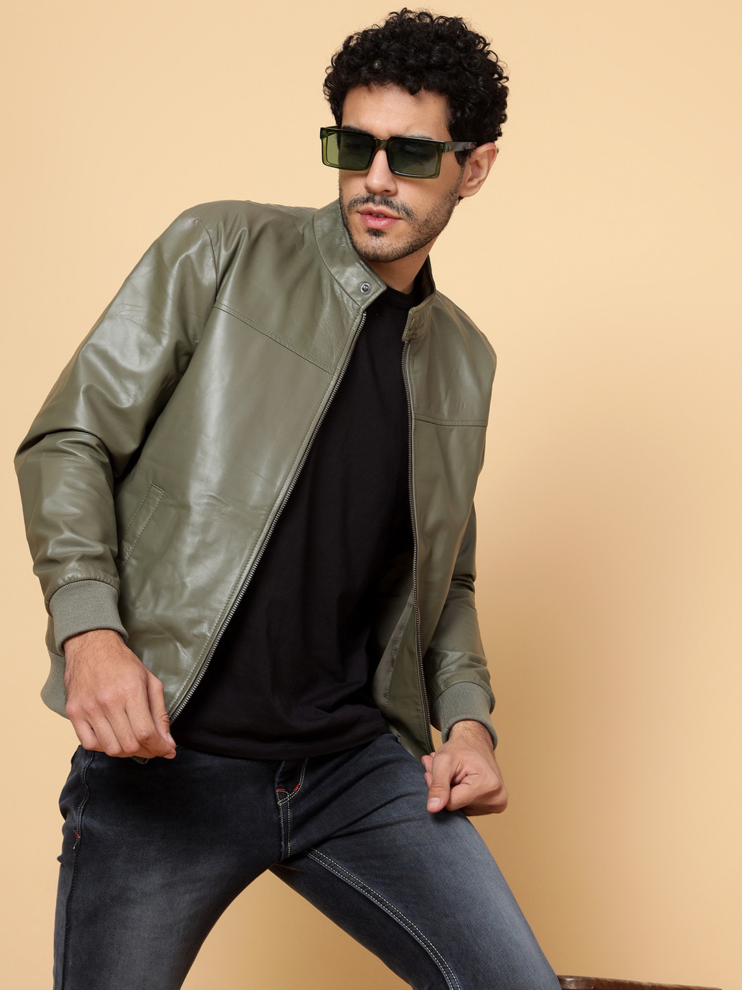 

Tortoise Leather Lightweight Biker Jacket, Olive