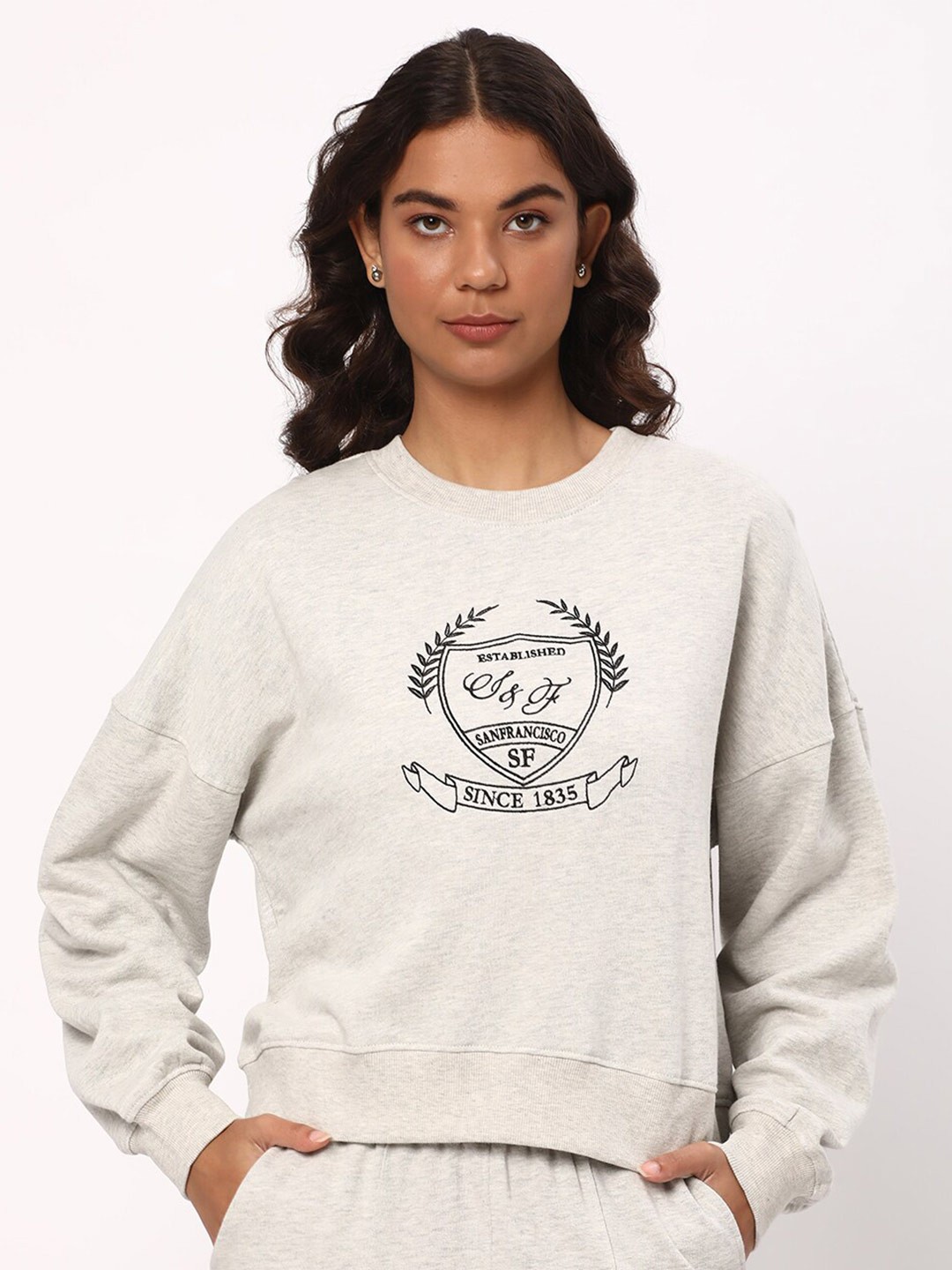 

R&B Typography Printed Cotton Pullover Sweatshirt, Grey