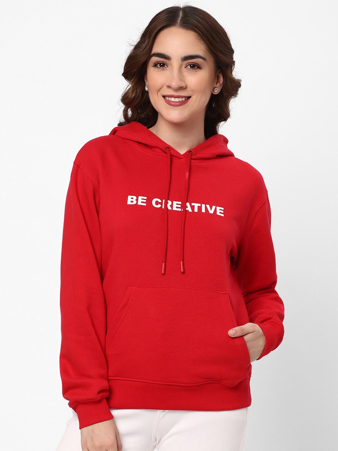 

R&B Typography Printed Hooded Cotton Pullover Sweatshirt, Red