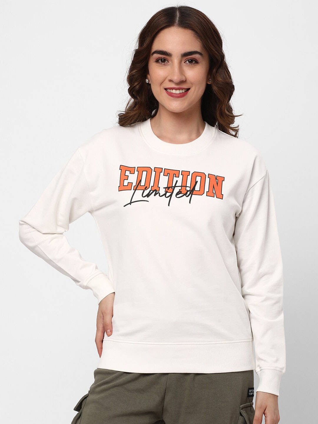 

R&B Typography Printed Cotton Pullover Sweatshirt, White