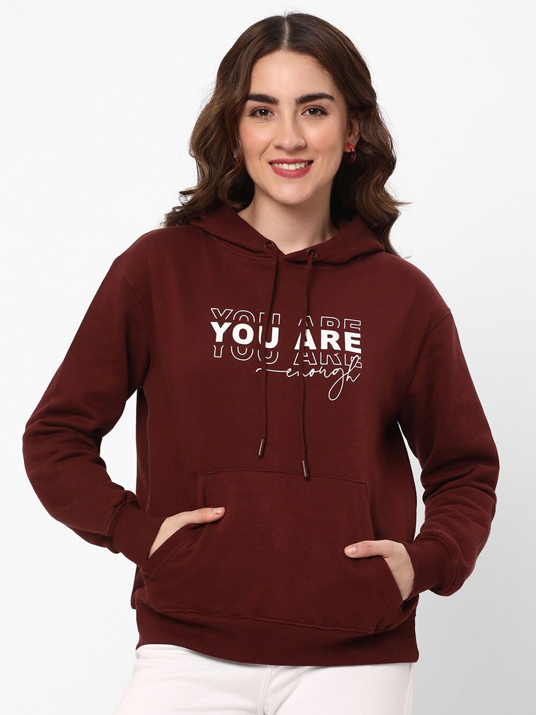 

R&B Typography Printed Hooded Cotton Pullover Sweatshirt, Brown