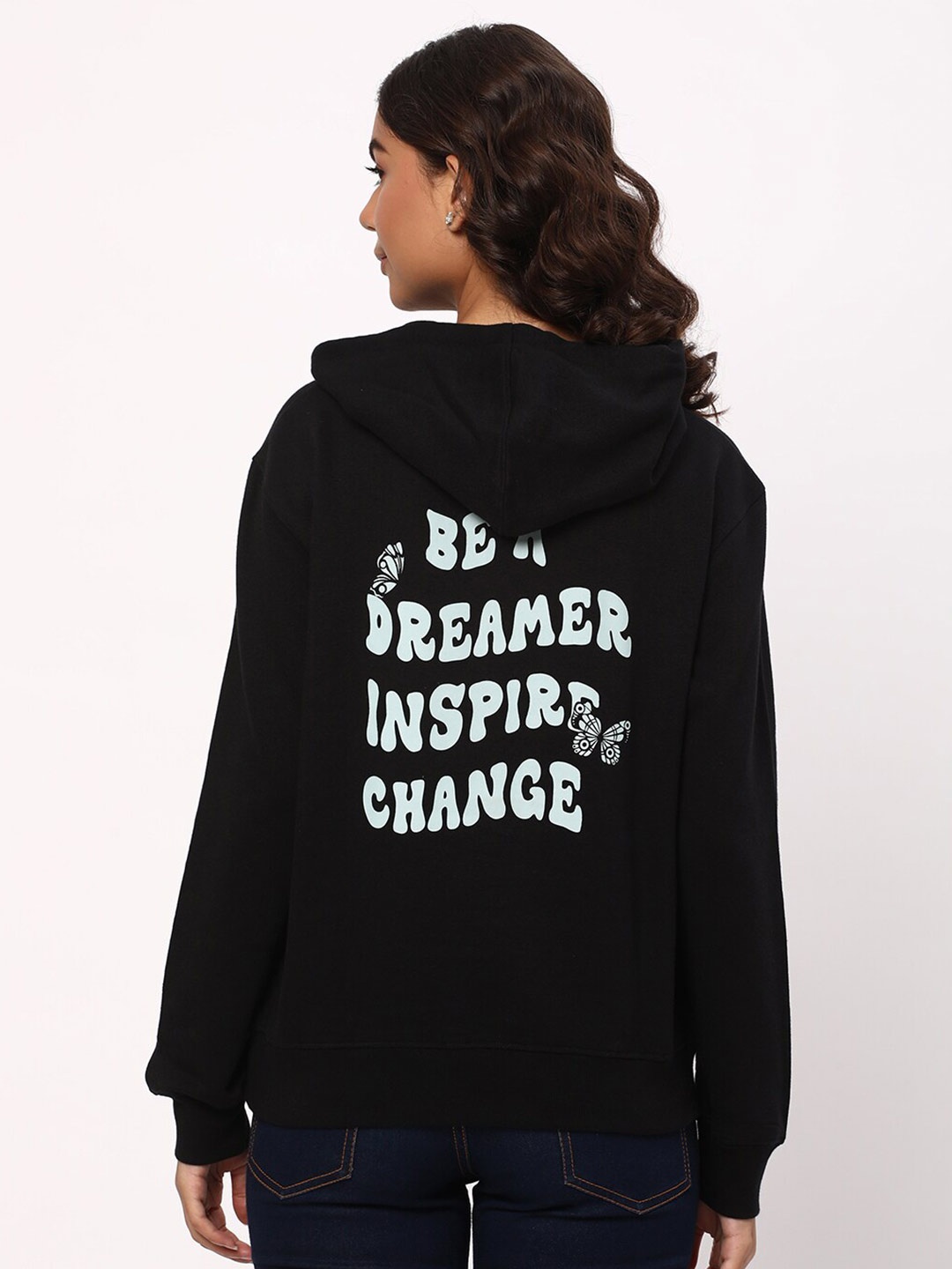 

R&B Typography Printed Hooded Cotton Pullover Sweatshirt, Black