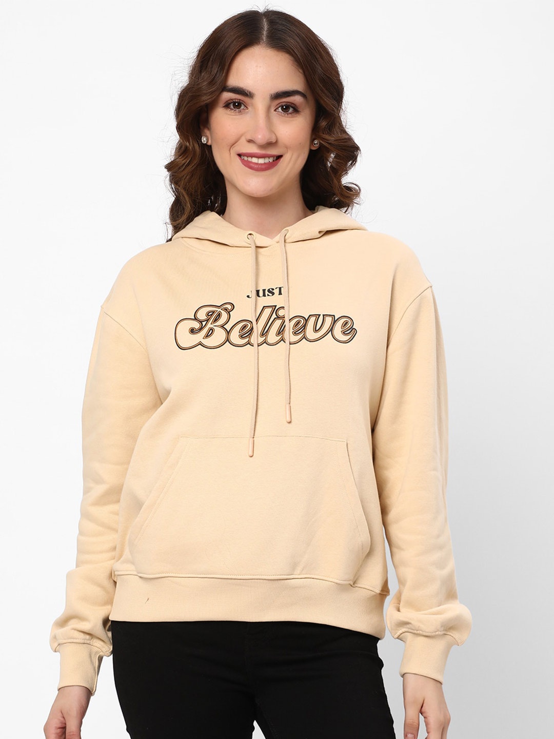 

R&B Typography Printed Hooded Neck Long Sleeve Cotton Pullover Sweatshirt, Beige