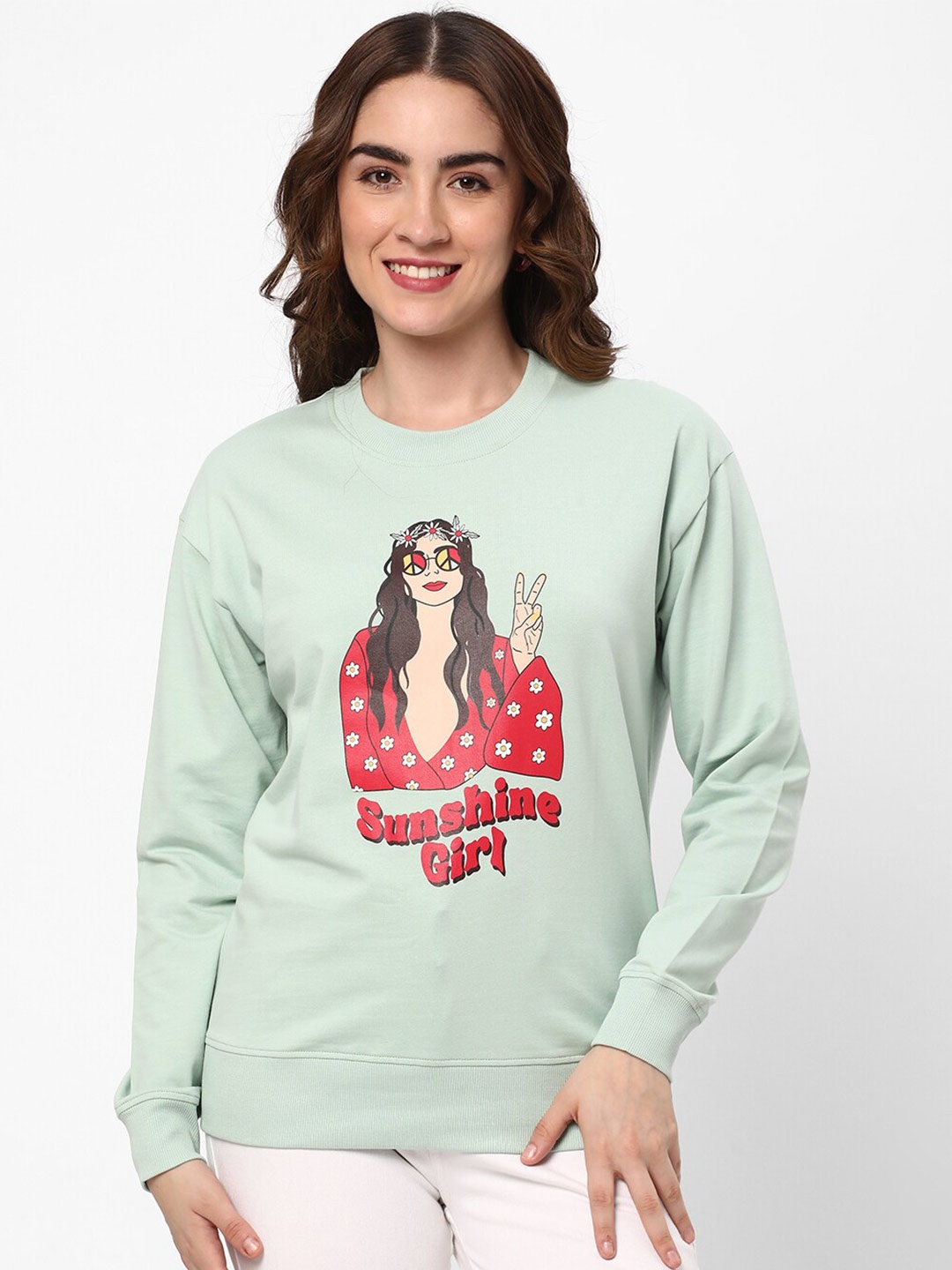 

R&B Graphic Printed Round Neck Long Sleeve Cotton Pullover Sweatshirt, Green
