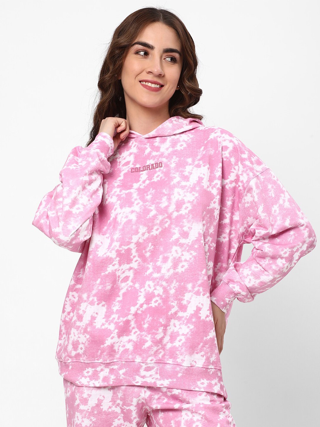 

R&B Abstract Printed Hooded Cotton Pullover Sweatshirt, Pink