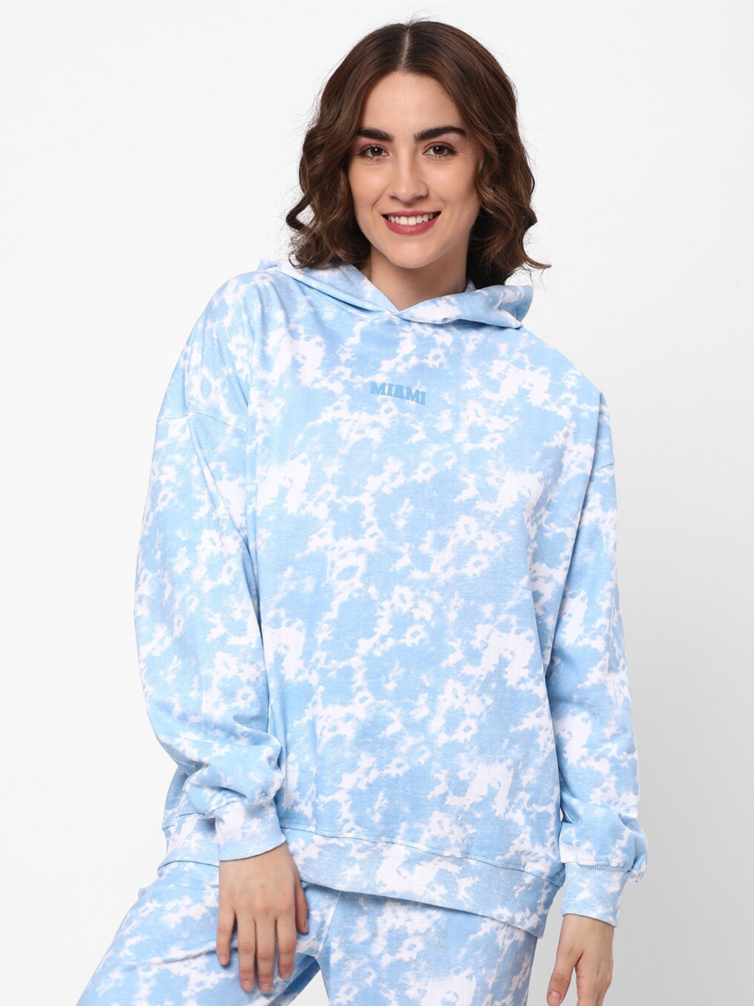 

R&B Abstract Printed Hooded Neck Long Sleeve Cotton Pullover Sweatshirt, Blue