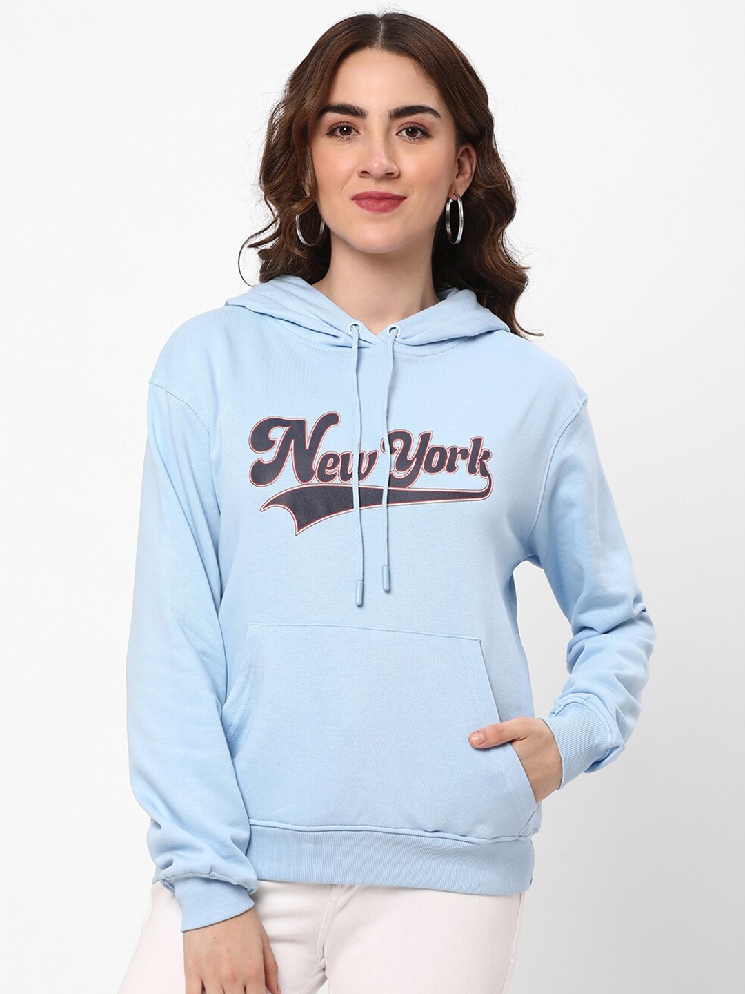 

R&B Typography Printed Hooded Cotton Pullover, Blue