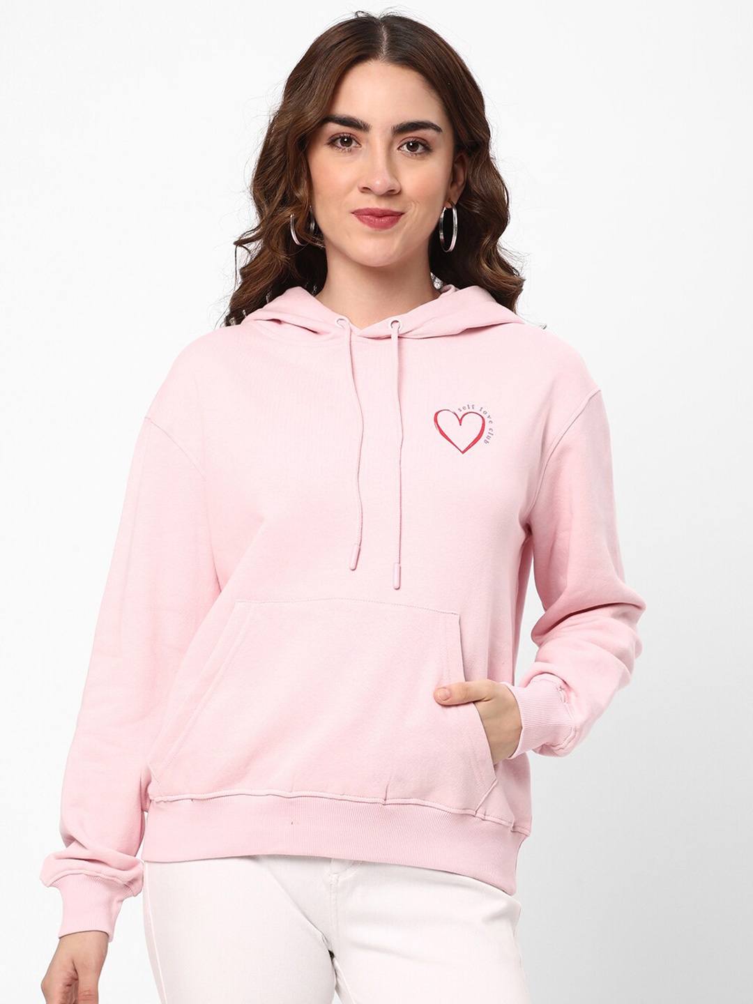 

R&B Hooded Neck Long Sleeve Cotton Pullover Sweatshirt, Pink