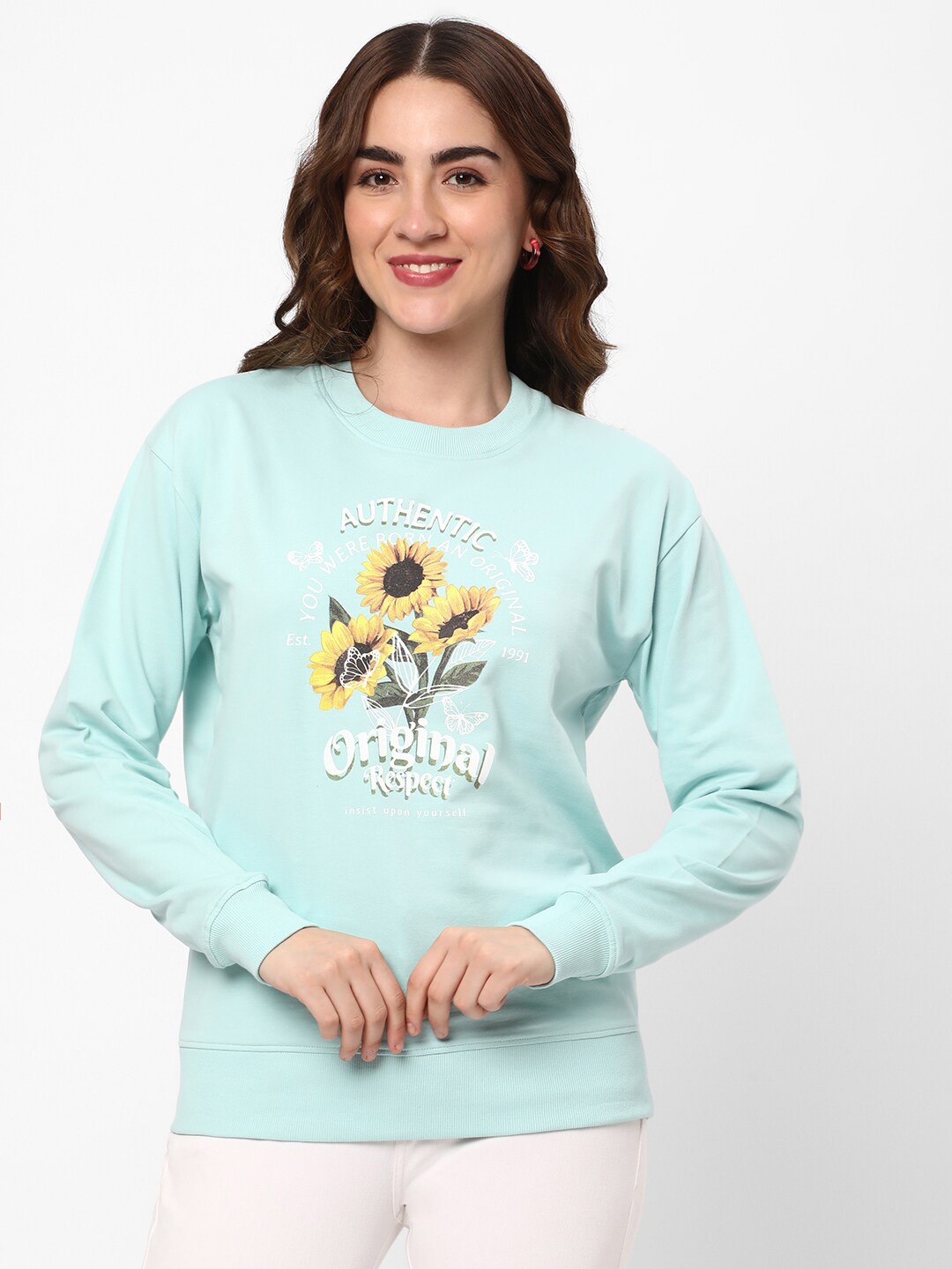 

R&B Floral Printed Cotton Pullover Sweatshirt, Blue