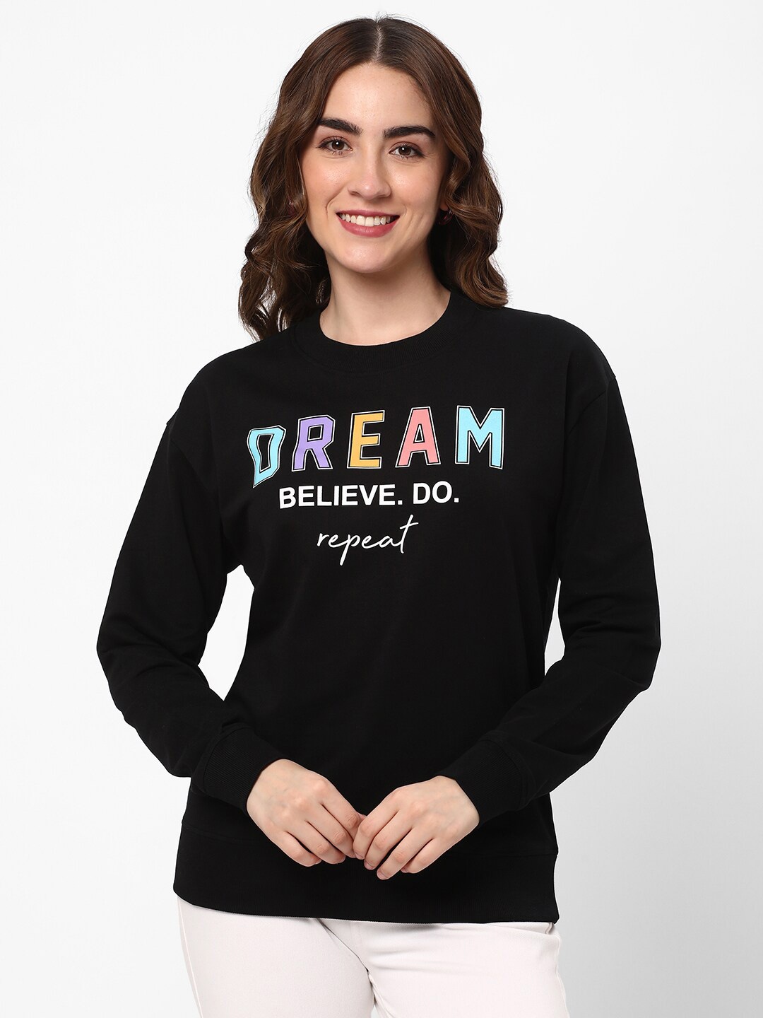 

R&B Typography Printed Round Neck Long Sleeve Cotton Pullover Sweatshirt, Black
