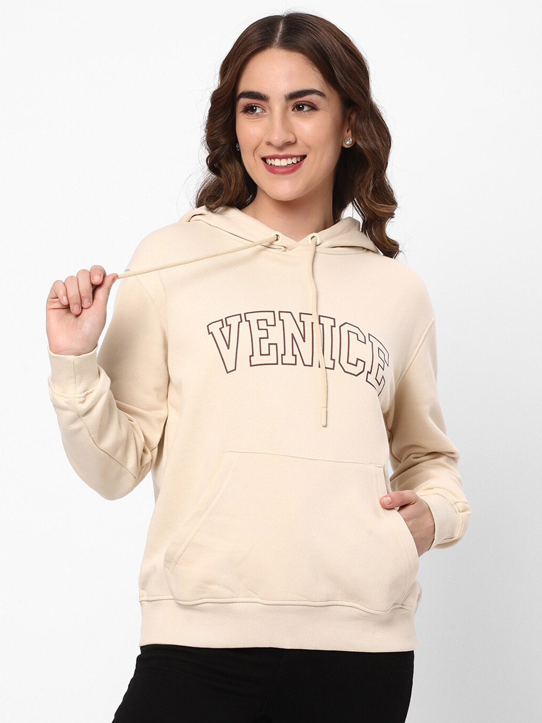 

R&B Typography Printed Hooded Cotton Pullover Sweatshirt, Beige