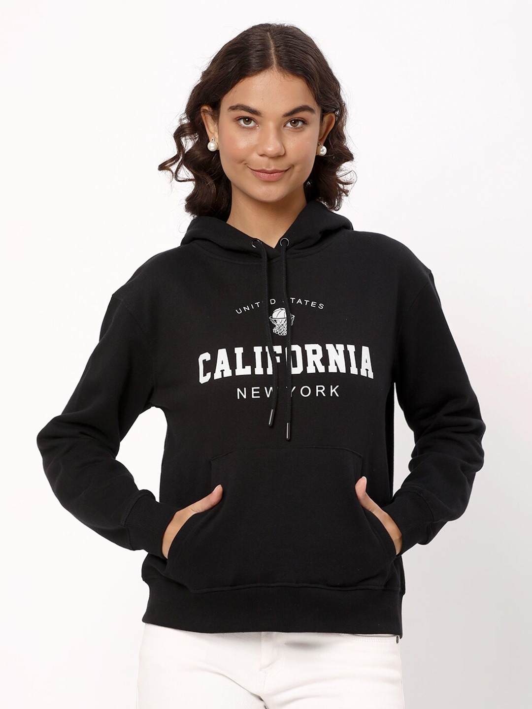

R&B Typography Printed Hooded Cotton Pullover Sweatshirt, Black