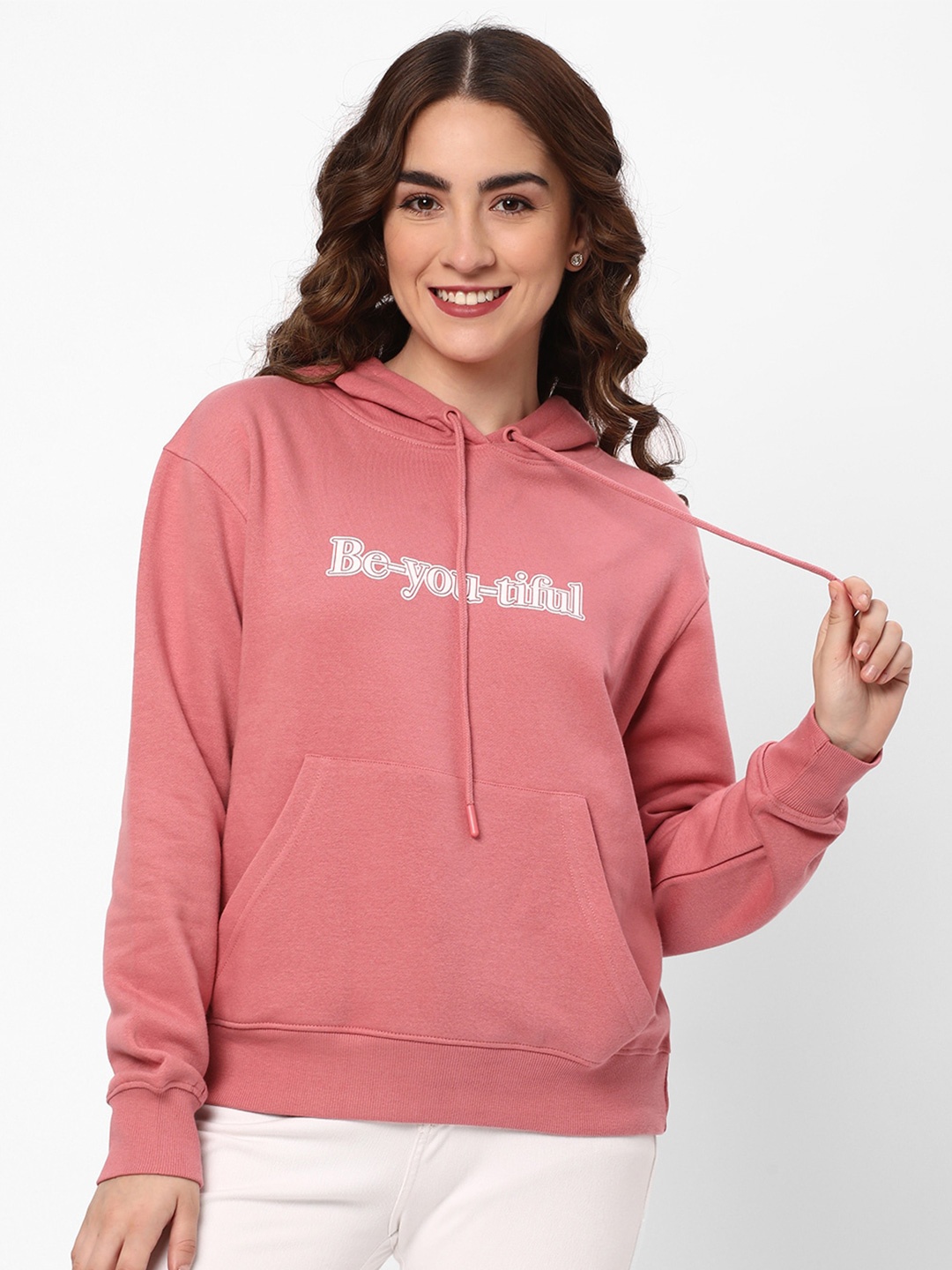 

R&B Typography Printed Hooded Cotton Pullover Sweatshirt, Pink