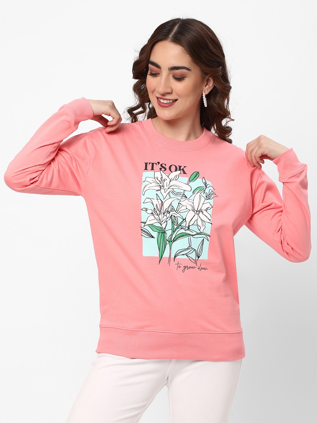 

R&B Floral Printed Round Neck Long Sleeve Cotton Pullover Sweatshirt, Pink