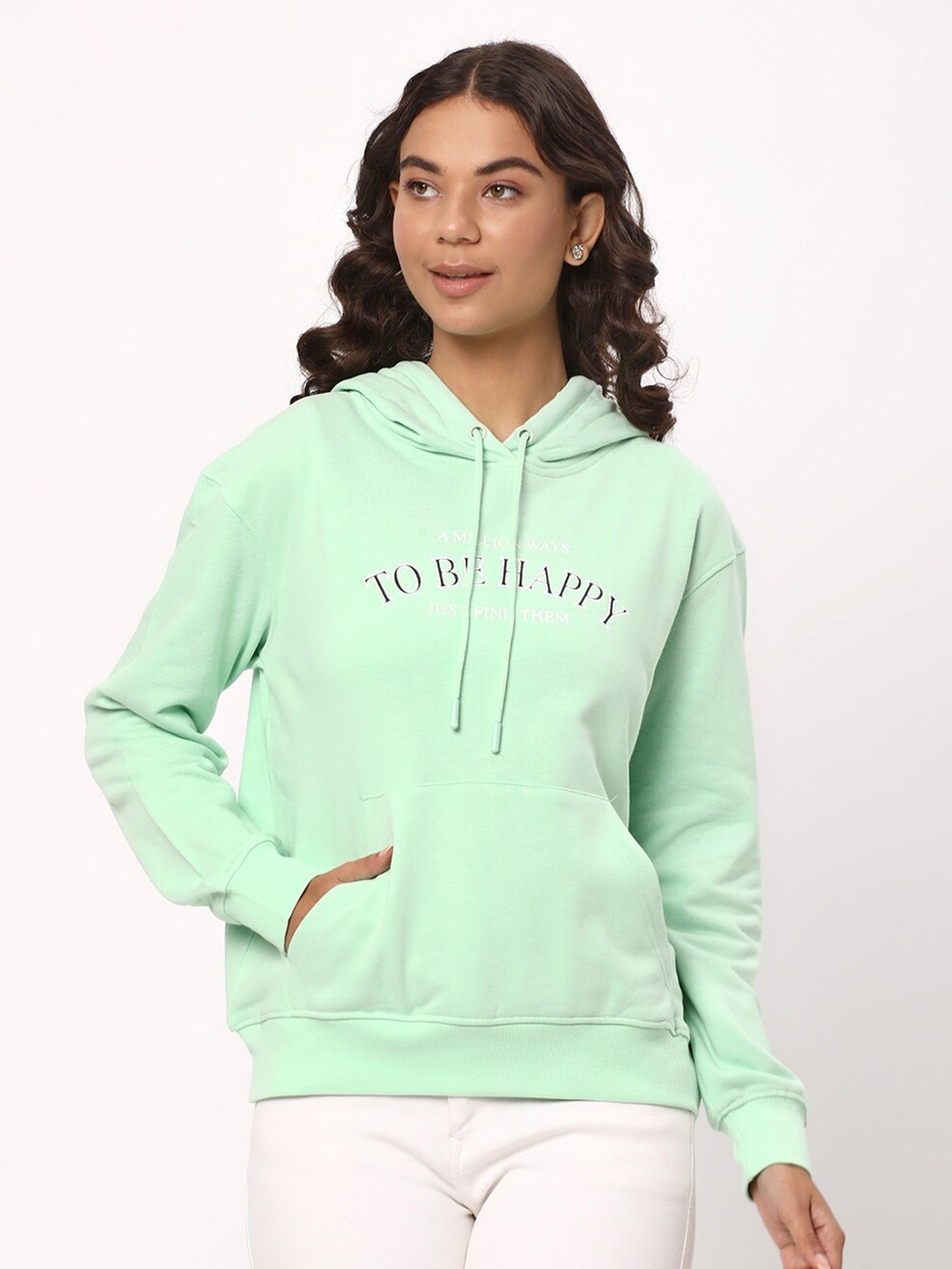 

R&B Typography Printed Hooded Neck Long Sleeve Cotton Pullover Sweatshirt, Green