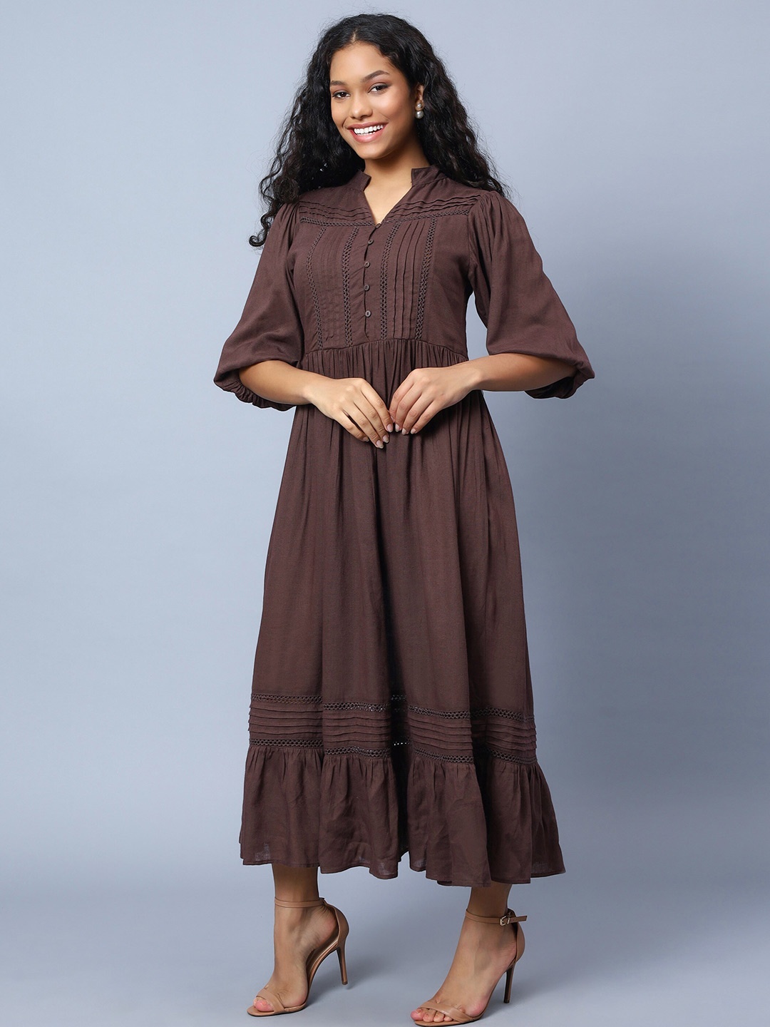 

Amagyaa Mandarin Collar Puff Sleeves Gathered Tiered Cotton A-Line Midi Dress, Brown