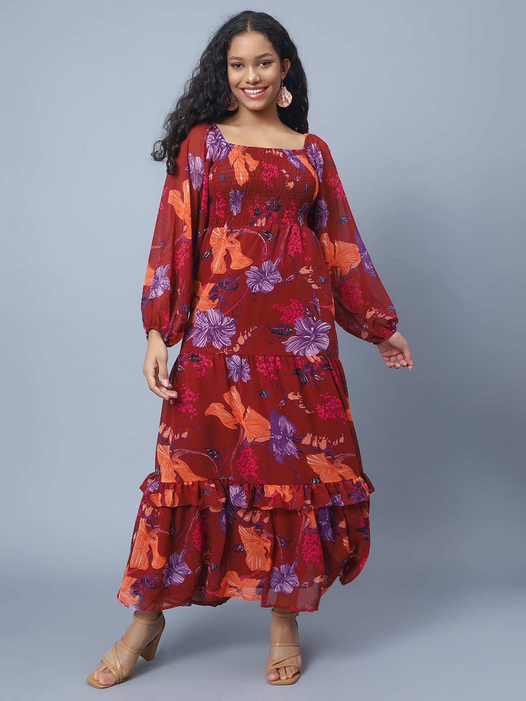 

Amagyaa Floral Printed Square Neck Puff Sleeve Smocked Tiered Maxi Dress, Maroon