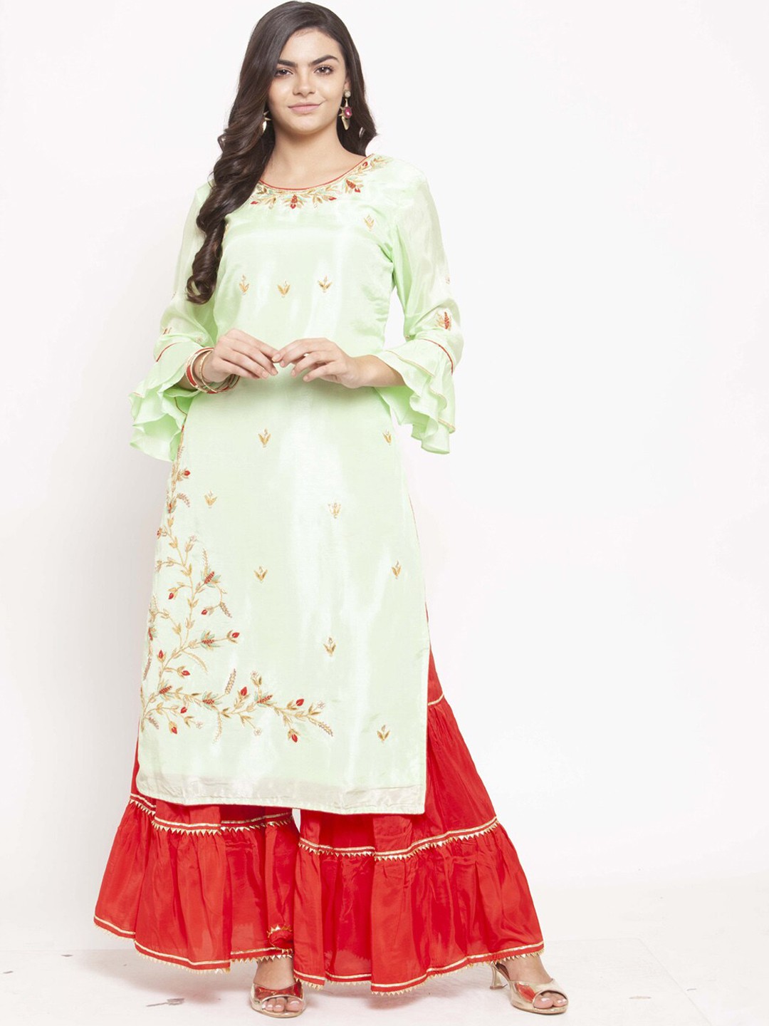 

Geroo Jaipur Floral Embroidered Bell Sleeve Zardozi Kurta with Palazzos, Green