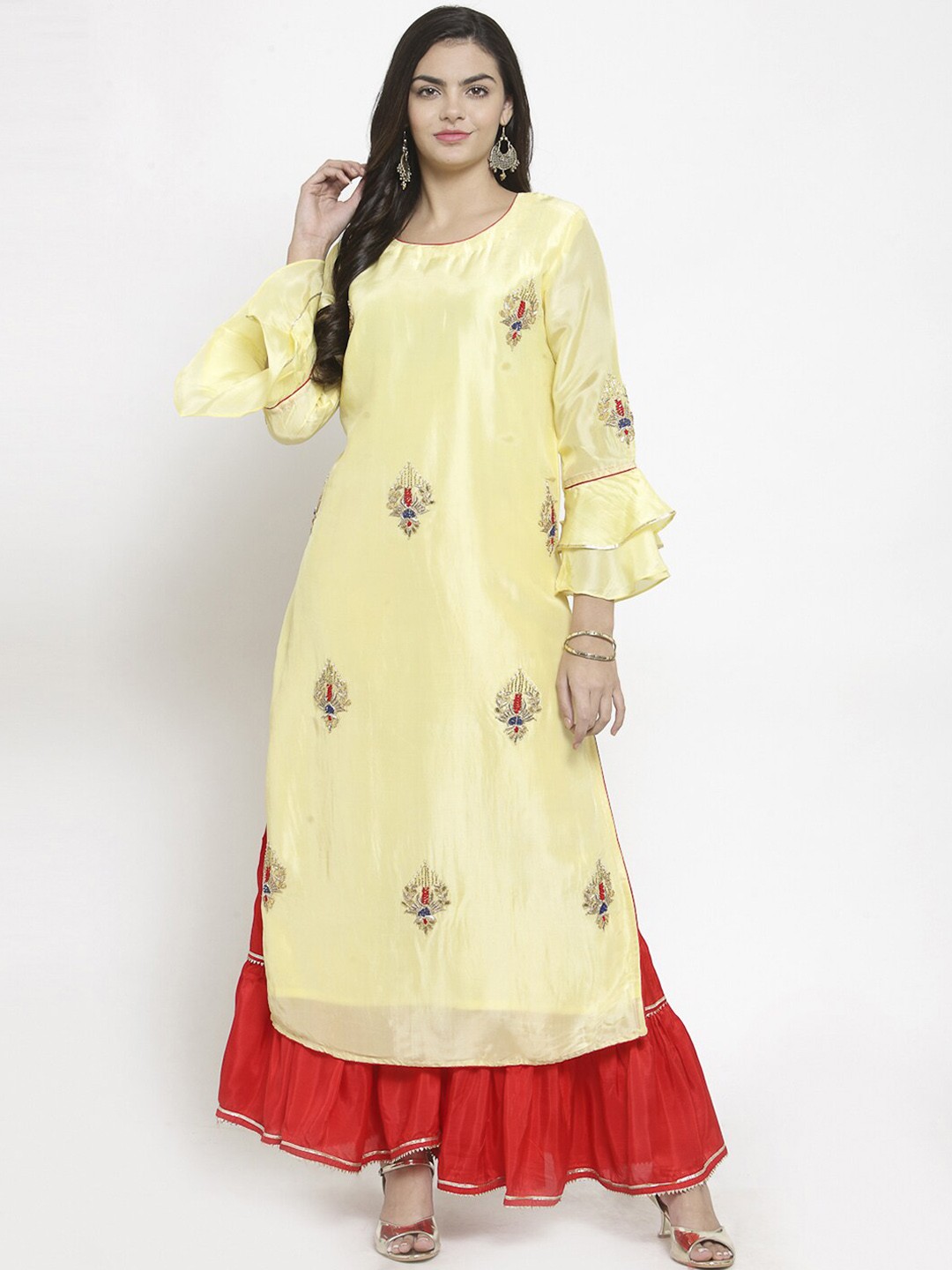 

Geroo Jaipur Ethnic Motifs Embroidered Bell Sleeves Zardozi Straight Kurta with Sharara, Yellow
