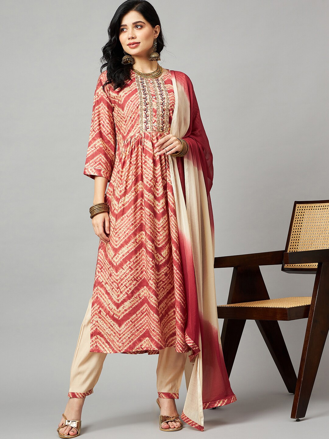 

Nimayaa Chevron Printed Thread Work Pleated A-Line Kurta With Trousers & Dupatta, Red