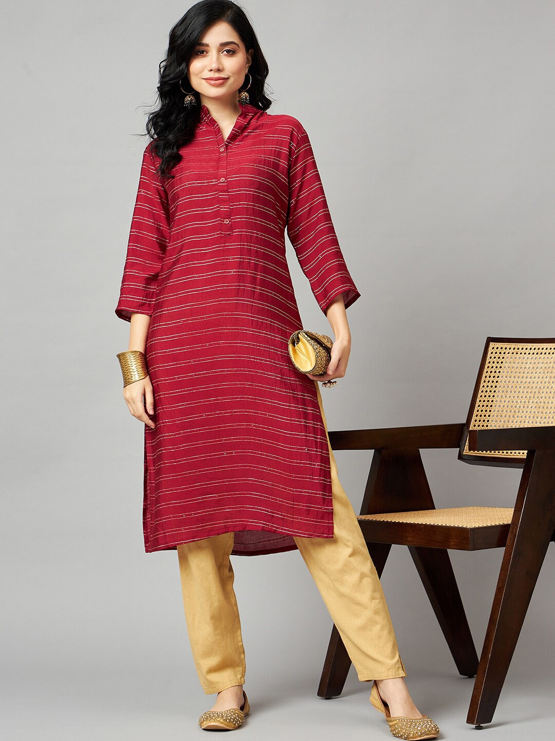 

HERE&NOW Red & White Striped Mandarin Collar Straight Kurta