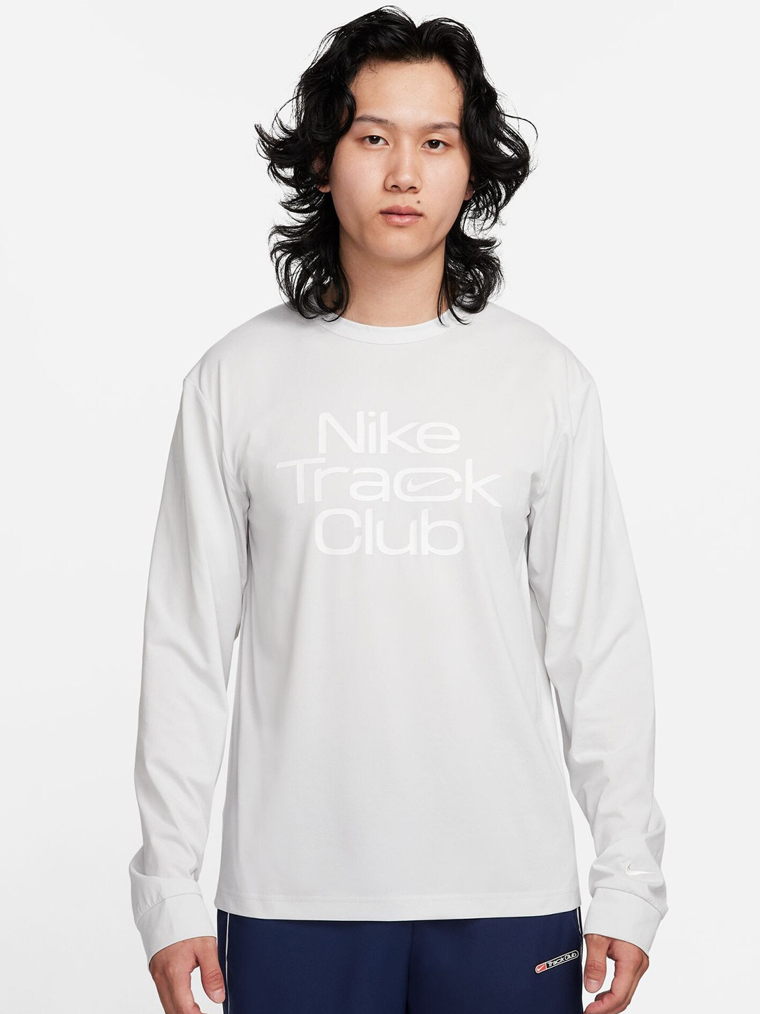 

Nike Track Club Typography Printed Long Sleeves Dri-FIT Hyverse Running T-Shirt, Grey