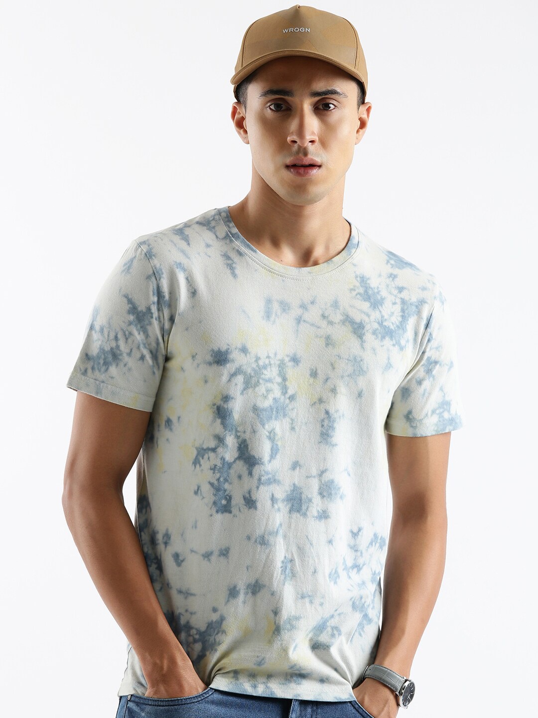 

WROGN Abstract Dyed Slim Fit Casual Cotton T-shirt, Blue