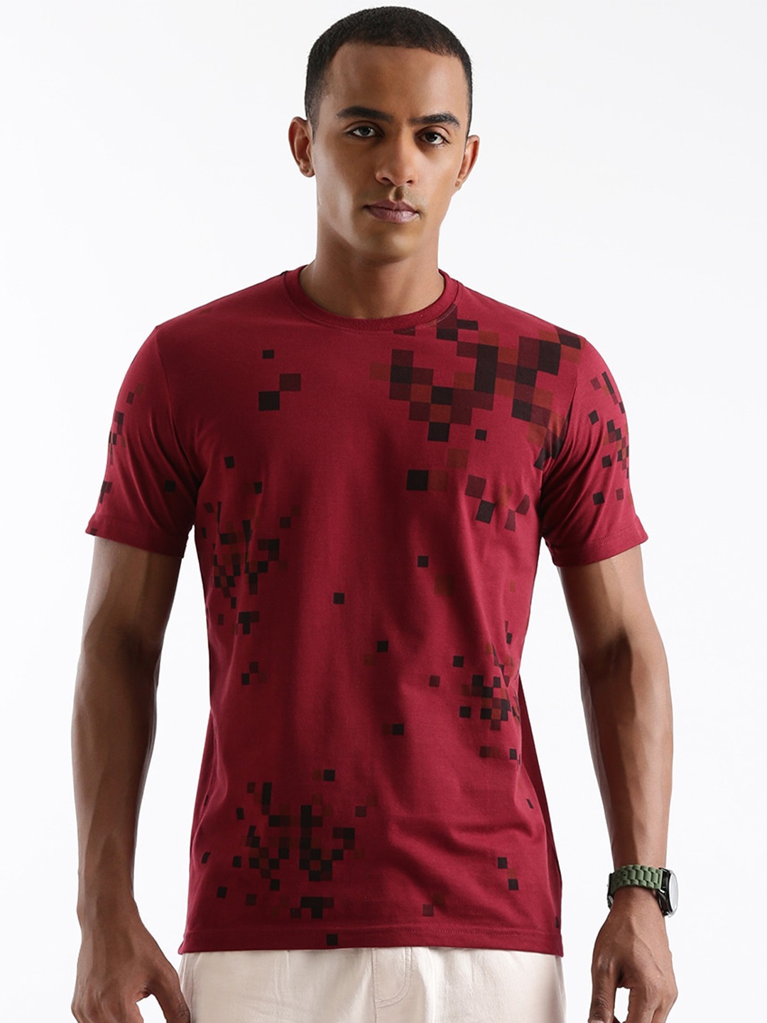 

WROGN Abstract Printed Slim Fit Cotton T-shirt, Maroon