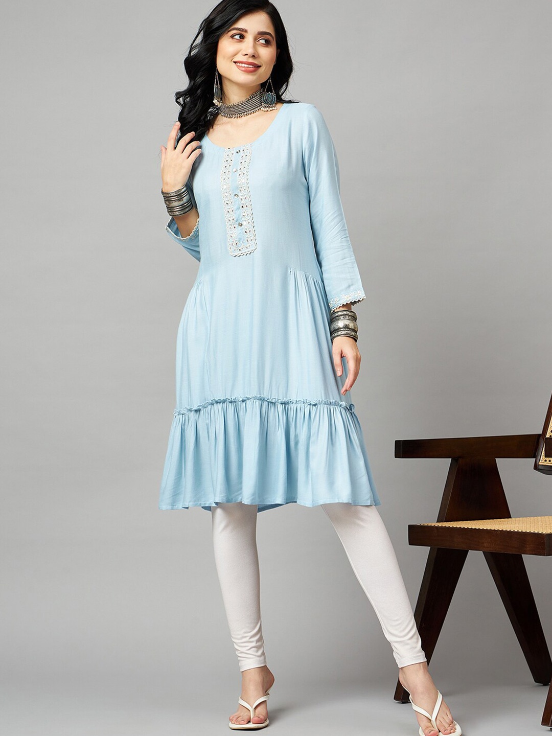 

HERE&NOW Round Neck Mirror Work A-Line Kurta, Blue