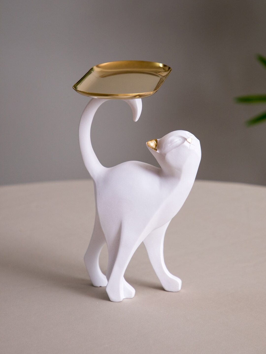 

THEDECORKART White & Gold-Toned Textured Cat Ceramic Figurine Showpiece