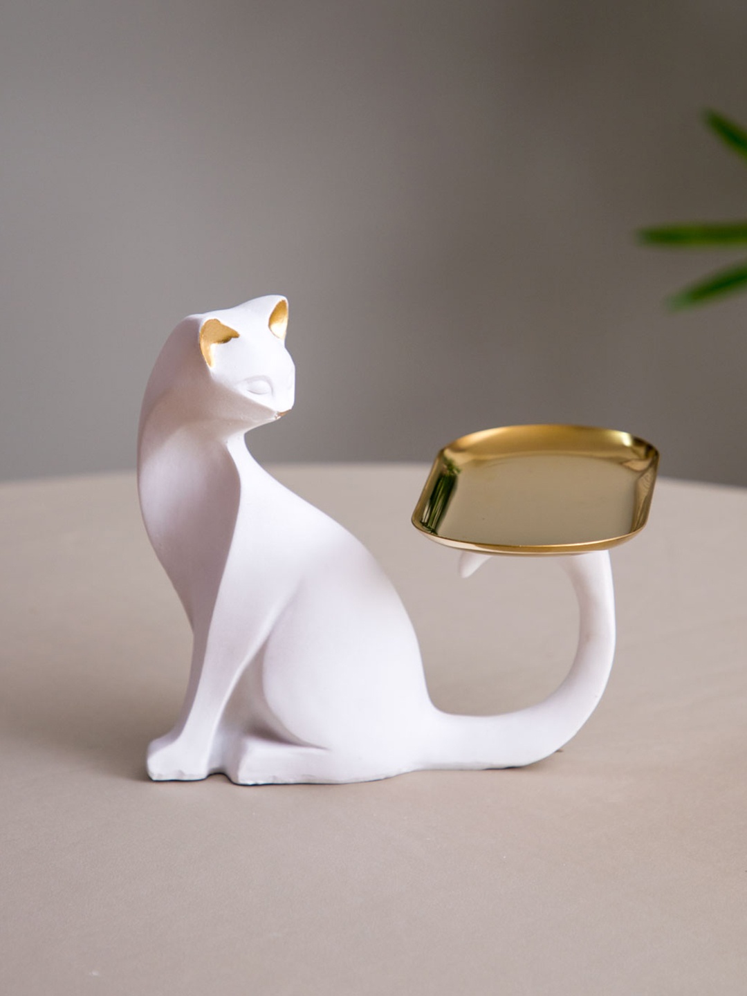 

THEDECORKART White & Gold-Toned Textured Cat Ceramic Figurine Showpiece